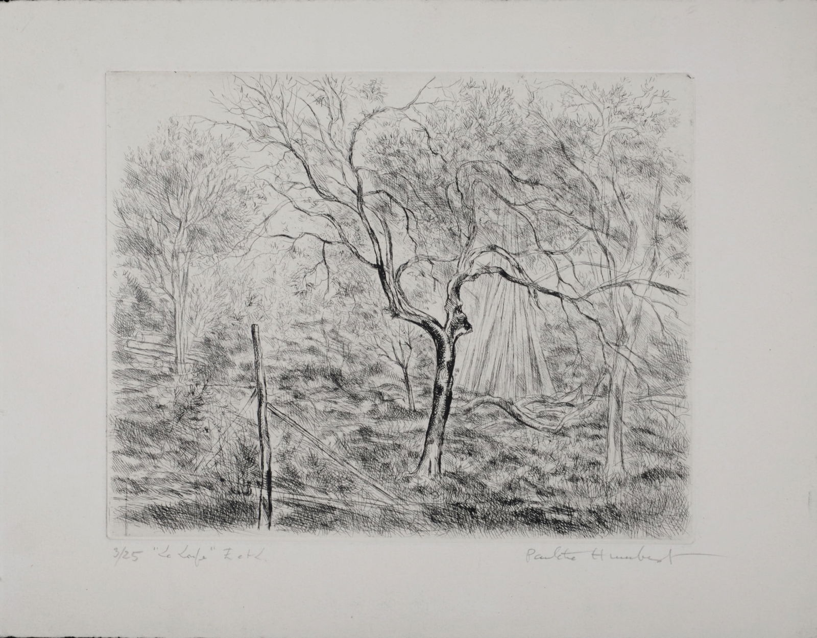 Paulette Humbert : Paysage, circa 1990 Hand-signed: Paulette Humbert (1904-1994)Paysage, circa 1990Original etching on Velin d'Arches paper.Hand-signed lower right margin.Numbered 3/25 on the bottom left corner.Arches watermark bottom right.Dimensions