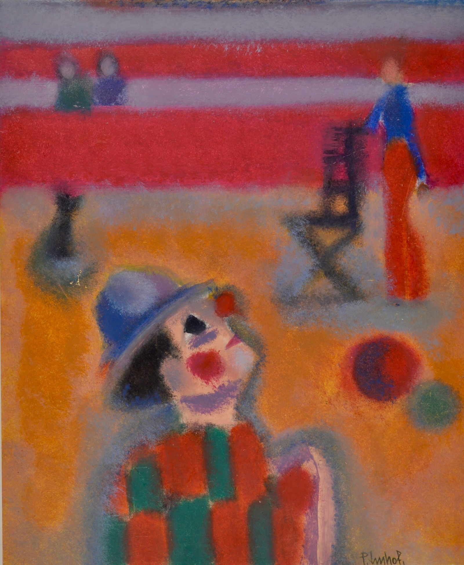 Peter Imhof : Clown, circa 1964 - Original drawing: Peter Imhof (1937-)Clown, circa 1964Color grease pencil on paperOriginal drawingHand-signed lower rightDimensions:Sheet size: 39,4 x 32,1 cm / 15,5 × 12,6 inCardboard size : 47 x 37,5 cm / 18,5 × 14