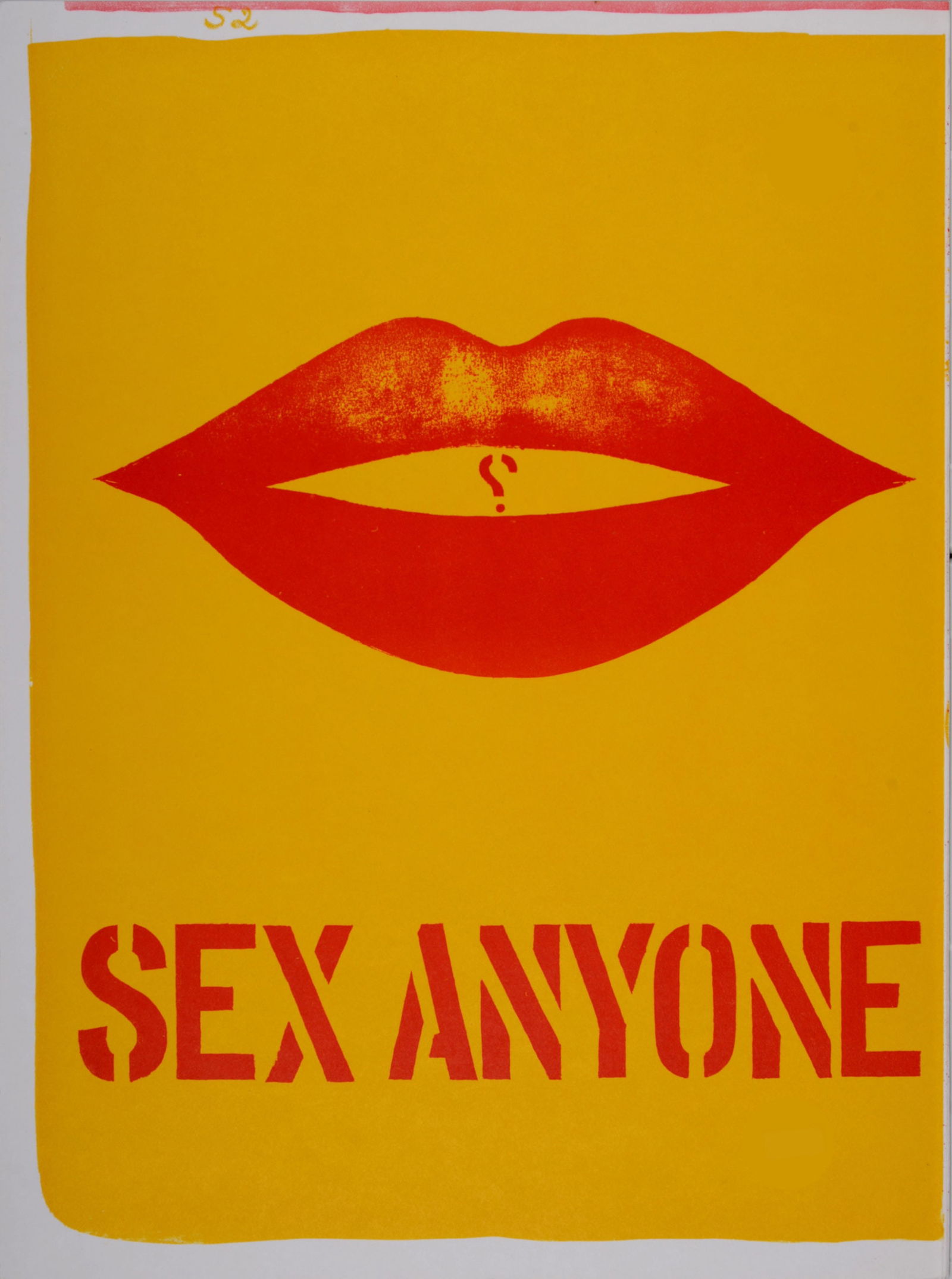 Robert Indiana - Sex Anyone, 1964: Robert Indiana (1928-2018)Sex Anyone, 1964Original lithograph on wove paper.Edition of 2000.Dimensions:+ Size of the sheet: 41 x 29.4 cm / 16,1 x 11,5 in.+ Size of the image: 38,5 x 28,3 cm / 15,1 x 1