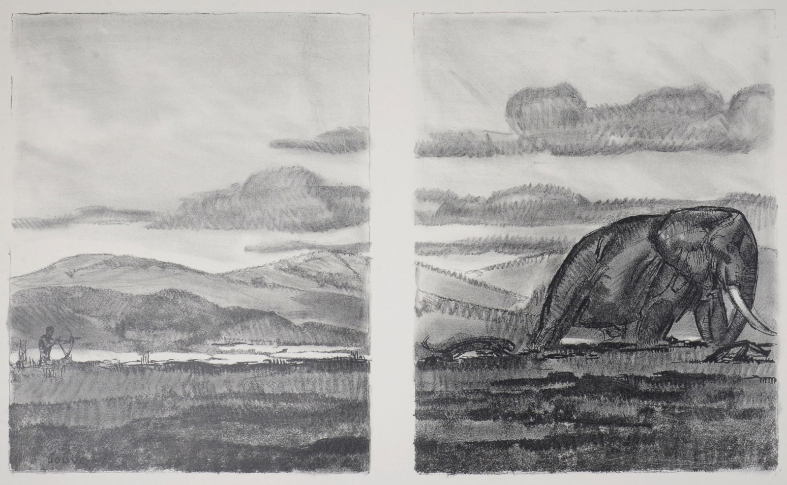 Paul Jouve - La chasse a l'elephant, 1934.: Paul Jouve (1878 - 1973)La chasse a l'elephant, 1934. Original lithograph on BFK Rives paper.Signed in the plate lower left.With BFK Rives watermark.Dimensions:+ Size of the sheet: 45.5 x 64.5 cm / 17