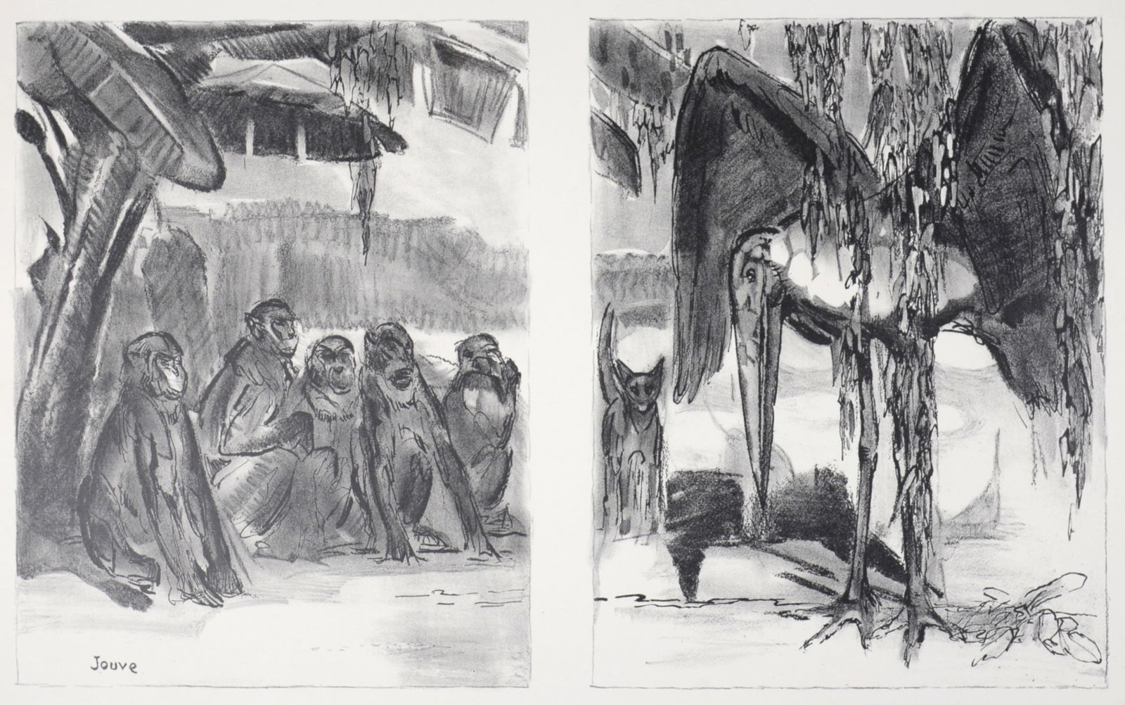 Paul Jouve - Singes assis et marabout, 1934.: Paul Jouve (1878 - 1973)Singes assis et marabout, 1934. Original lithograph on BFK Rives paper.Signed in the plate lower left.With BFK Rives watermark.Dimensions:+ Size of the sheet: 45.5 x 64.5 cm /