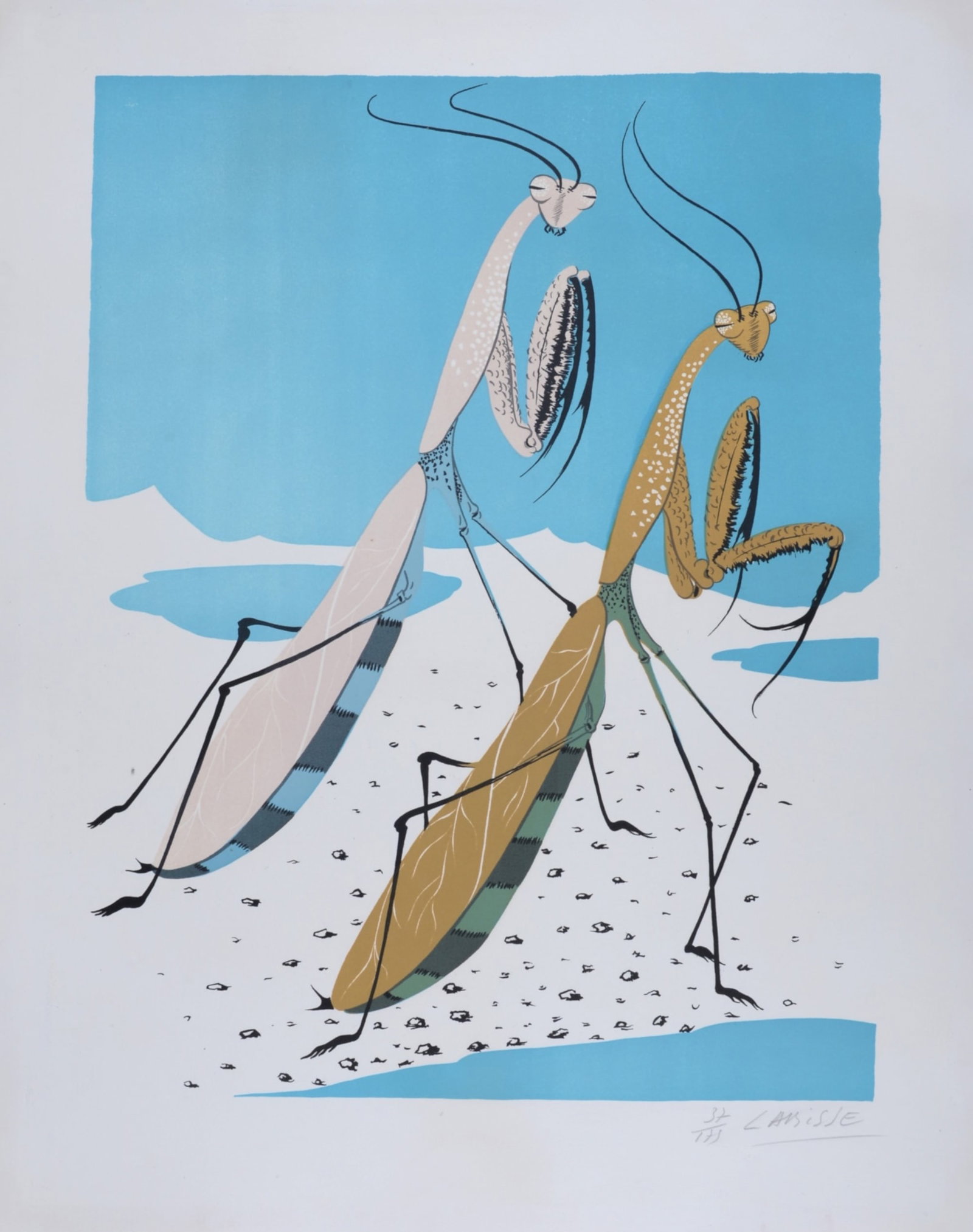 Felix Labisse : Mantes religieuses, circa 1975 - Hand-Signed: Felix Labisse (1905-1982)Mantes religieuses, circa 1975Lithograph in colors on Arches paperHand-signed and numbered 37/175 lower rightWith Arches watermark lower right.Dimensions:+ Size of the sheet :