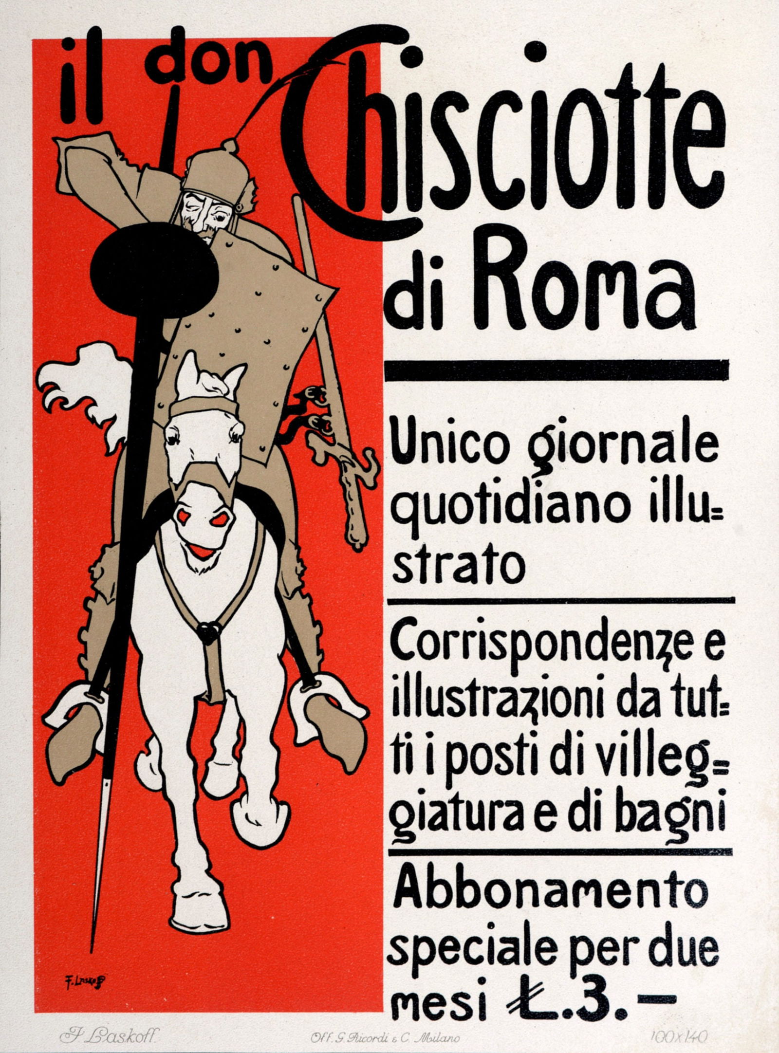Franz Laskoff - Il don Chisciotte di Roma, 1914: Franz Laskoff (1869-1921)Il don Chisciotte di Roma, 1914Lithograph on thick paper.Scarce lithograph from the iconic portfolio Ricordi!Dimensions:+Size of the sheet: 27,5 x 20 cm / 10,8 x 7,8 in.Printe