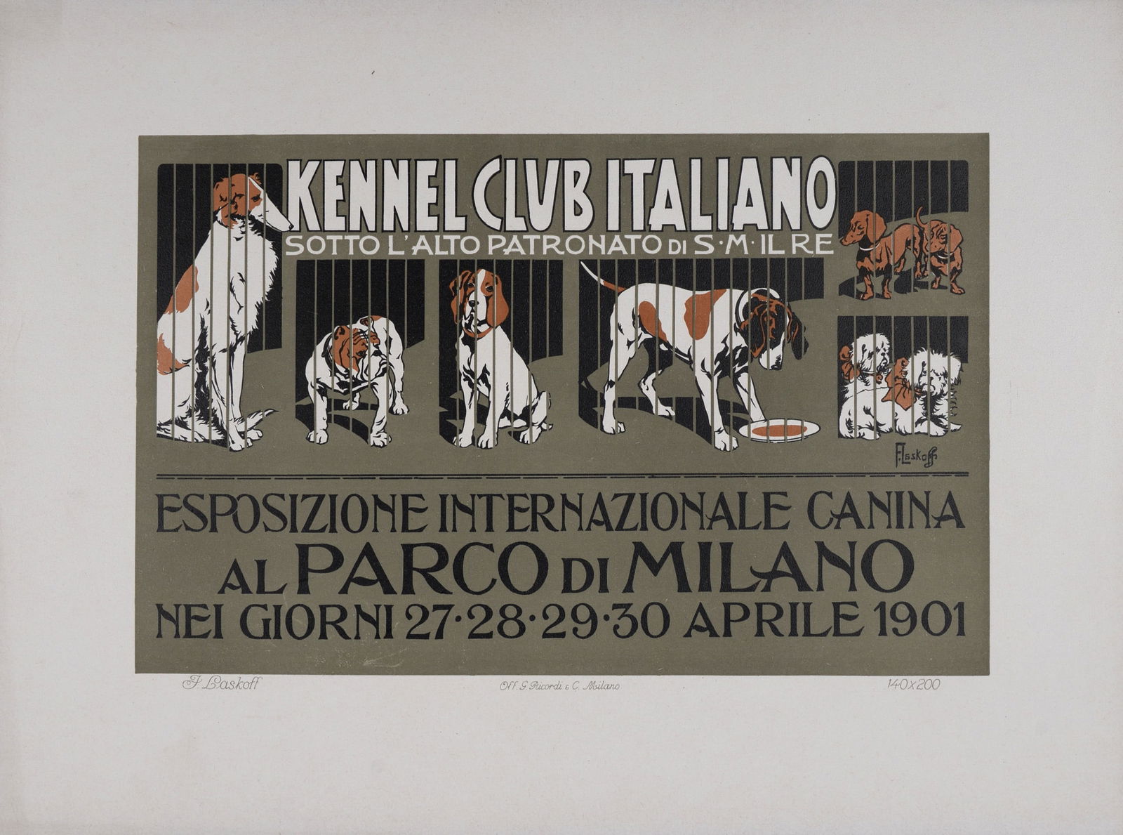 Franz Laskoff - Kennel Club Italiano, 1914: Achille Beltrame (1871-1945)Kennel Club Italiano, 1914Lithograph poster on thick paper.Extremely scarce lithograph from the iconic Portfolio : Ricordi.Dimensions:Size of the sheet: 26 x 36 cm / 10,2 x