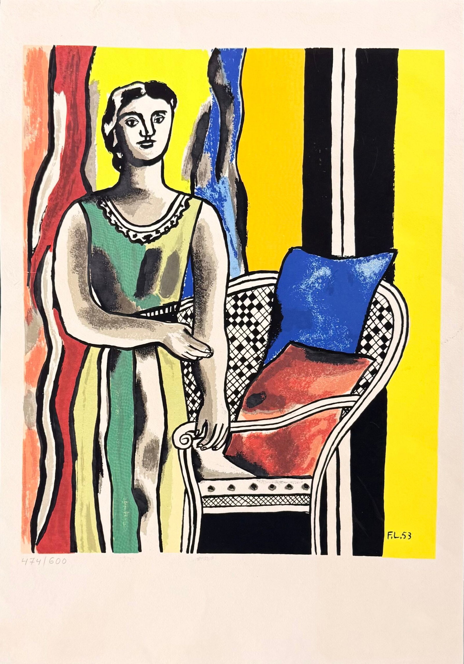 Fernand Leger : Femme au fauteuil, 1953: Fernand Leger (1881-1955)Femme au fauteuil, 1953Silkscreen on Velin d'Arches paper.Signed and dated on the plate lower right margin, with Fernand Leger's initials.Hand-numbered 474/600 on the bottom l