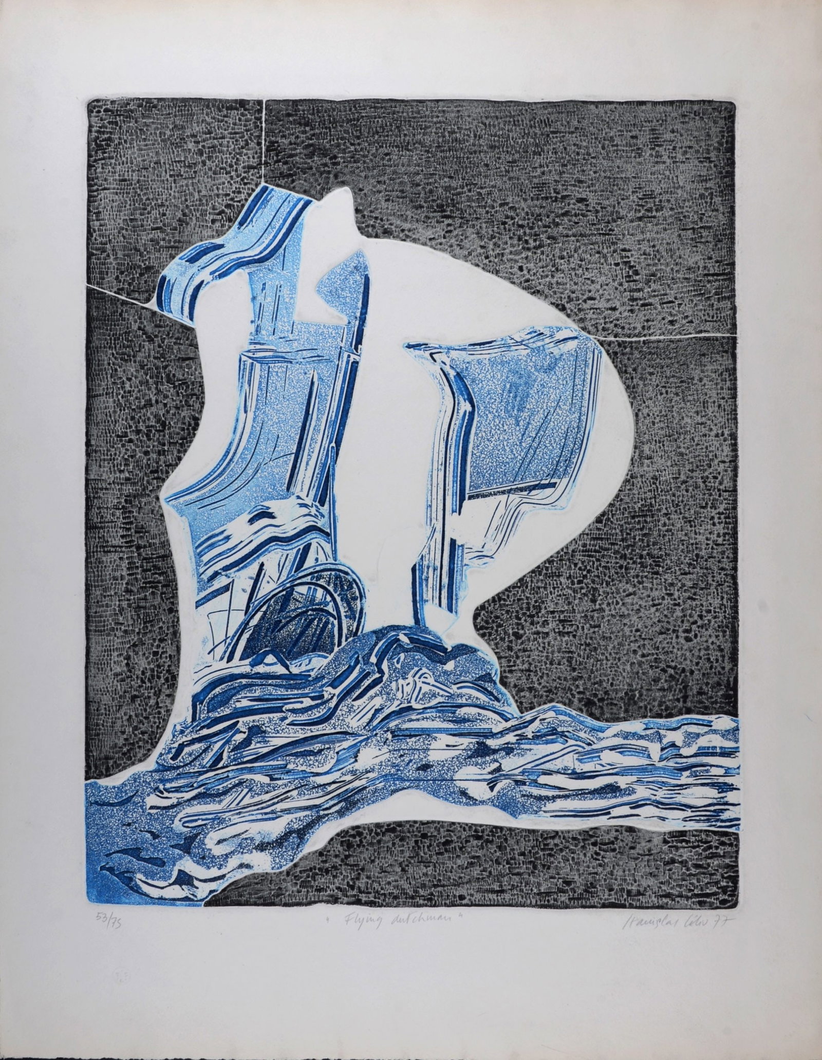 Stanislas Lelio : Flying Dutchman, 1977 - Hand-signed: Stanislas Lelio (1927-)Flying Dutchman, 1977Embossed etching in colors (Eau-forte & aquatint) on "Moulin de Gue" paper.Hand-signed, dated and titled in pencil on the bottom of the sheet.Hand-numbered