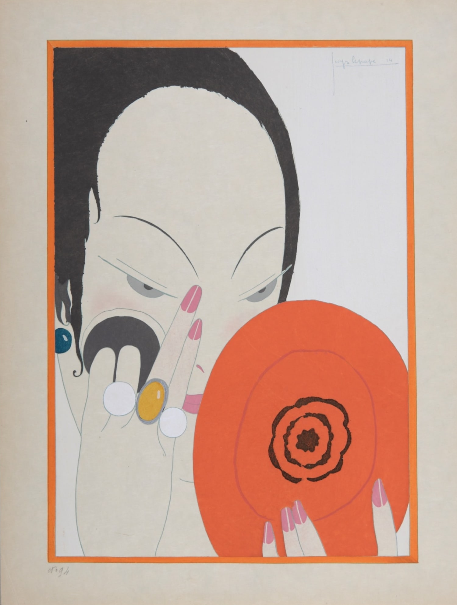 Georges Lepape (1887-1971) : La Femme au Miroir rouge, circa 1914: Georges Lepape (1887-1971)La Femme au Miroir rouge, circa 1914Original pochoir on Japan paper.Hand-numbered n°94 lower left margin.Plate-signed upper right margin.Dimensions :+ Size of the sheet: 28.