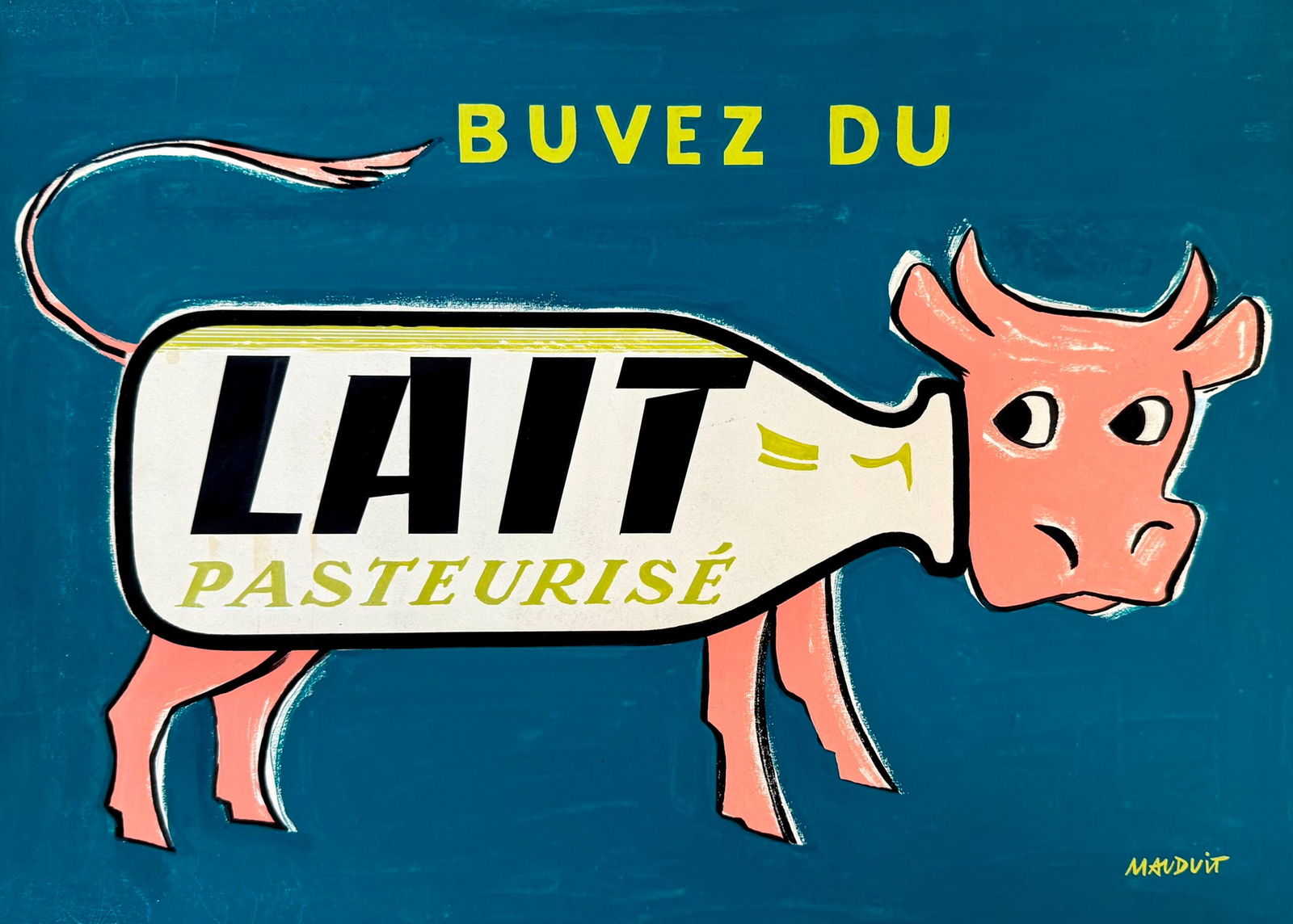 P. Mauduit : Lait pasteurise (Milk), C. 1950: P. Mauduit (XX)Lait pasteurise , C. 1950Original advertising mock-up for the "Lait pasteurise"Hand signed by the artistDimensions: 30 × 41 cm / 11.81 × 16.14 inOriginal gouache advertising mock-up c