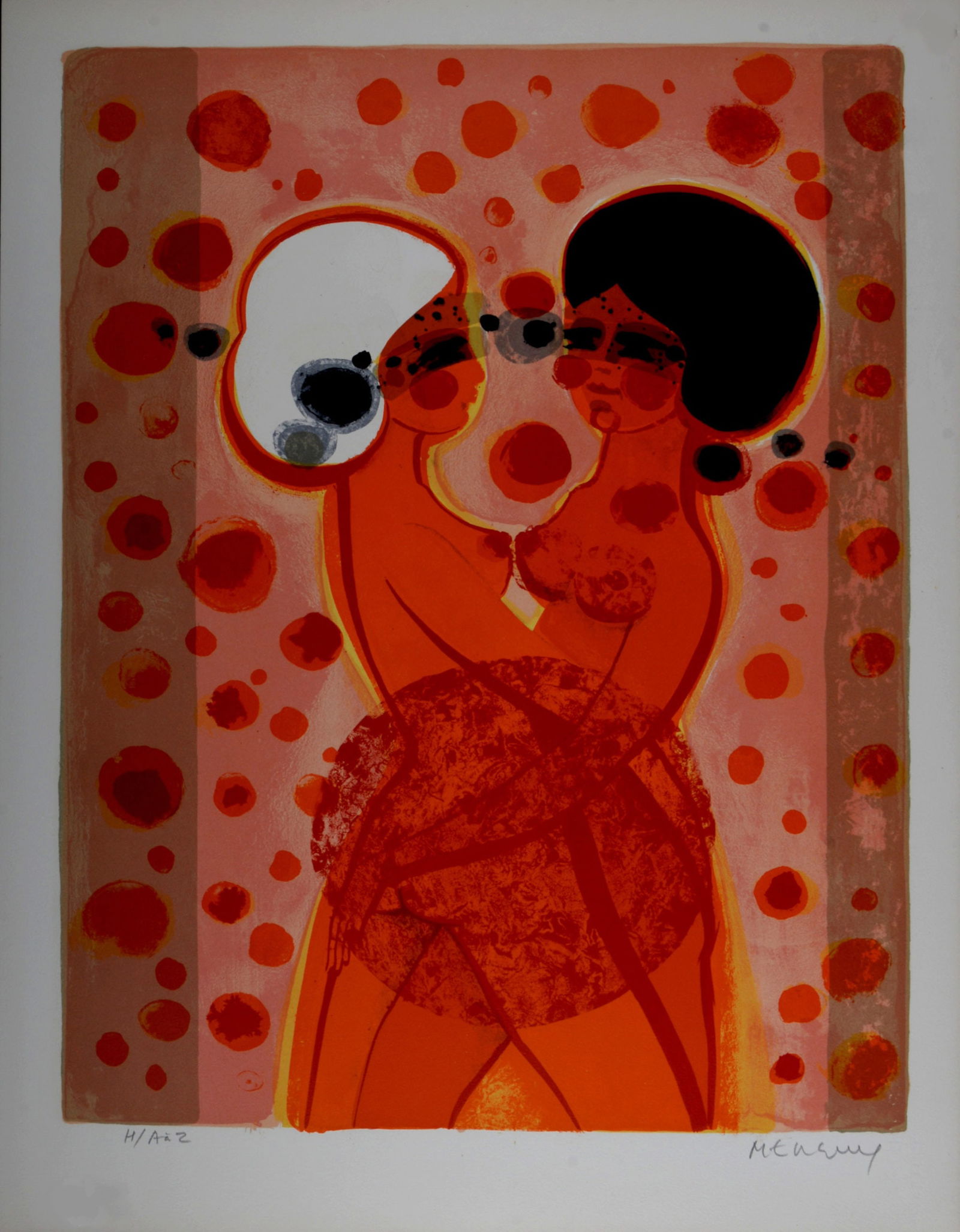 Frederic Menguy - L'Etreinte, Les Angeliques, 1975: Frederic MenguyL'Etreinte, Les Angeliques, 1975Original lithograph on Velin d'Arches paper.Hand-signed lower right margin.Numbered "H / A a Z" lower left margin.Dimensions:+ Size of the sheet: 65 x 48