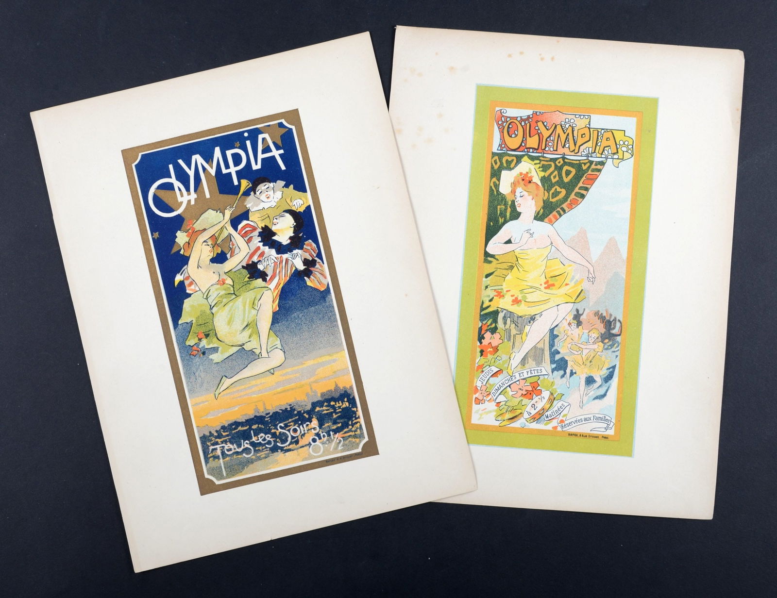 G. Meunier & Anonyme : Olympia, 1896.: G. Meunier & Anonyme,Olympia, 1896.Lot of two lithograph posters.Dimensions :+ Size of the sheet : 31.7 x 23.5 cm / 12.4 x 9.2 in.+ Size of the image : 23.8 x 12.4 cm / 9.3 x 4.8 in.This lithograph wa