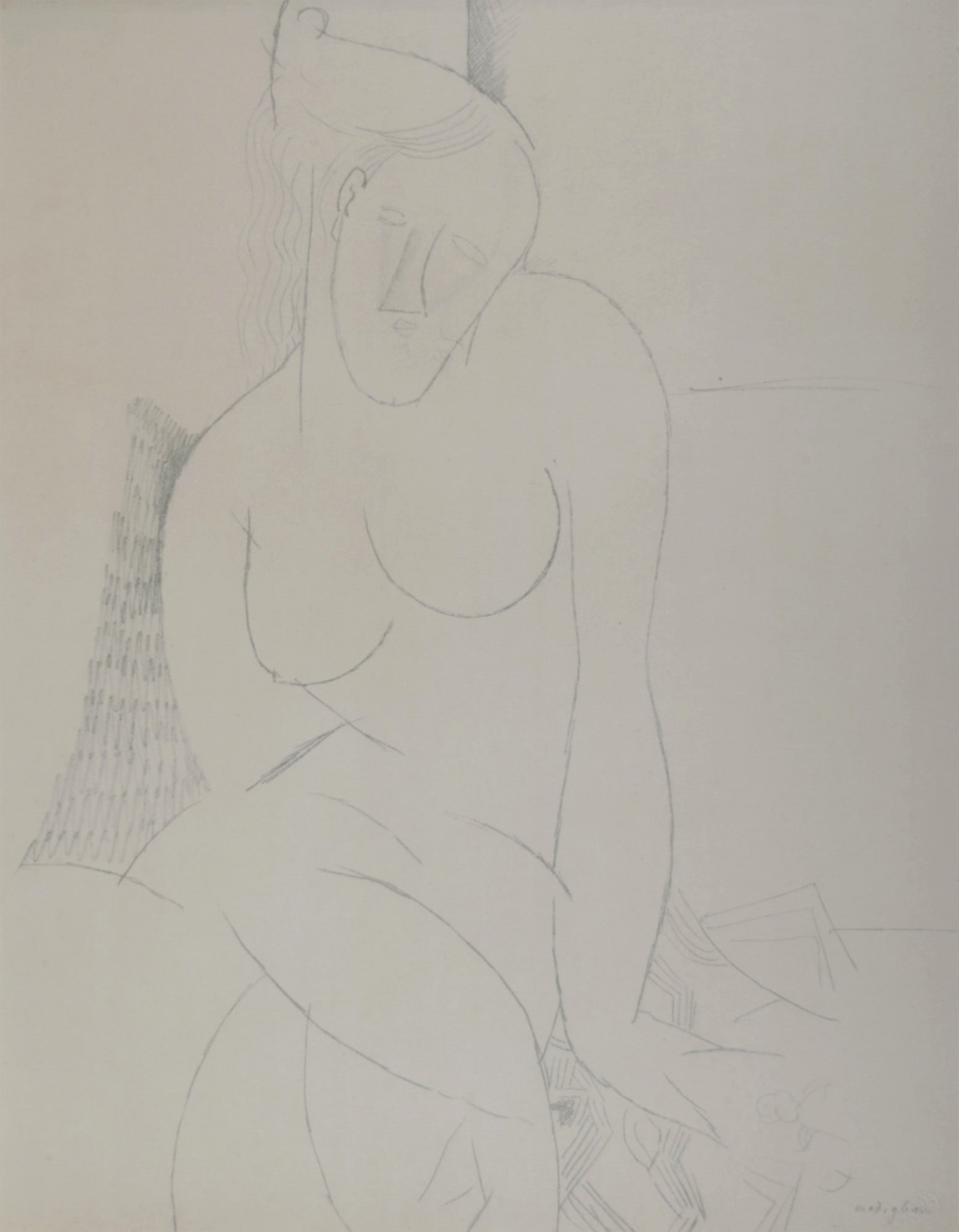 Amedeo Modigliani (After), Female Nude , 1959.: Amedeo Modigliani (After),Female Nude , 1959.Lithograph (heliograph) on thick paper.PLATE: Plate #7.Edition size: 250.Einaudi's blind stamp bottom right.Dimensions:+ Size of the sheet : 56 x 45 cm / 2