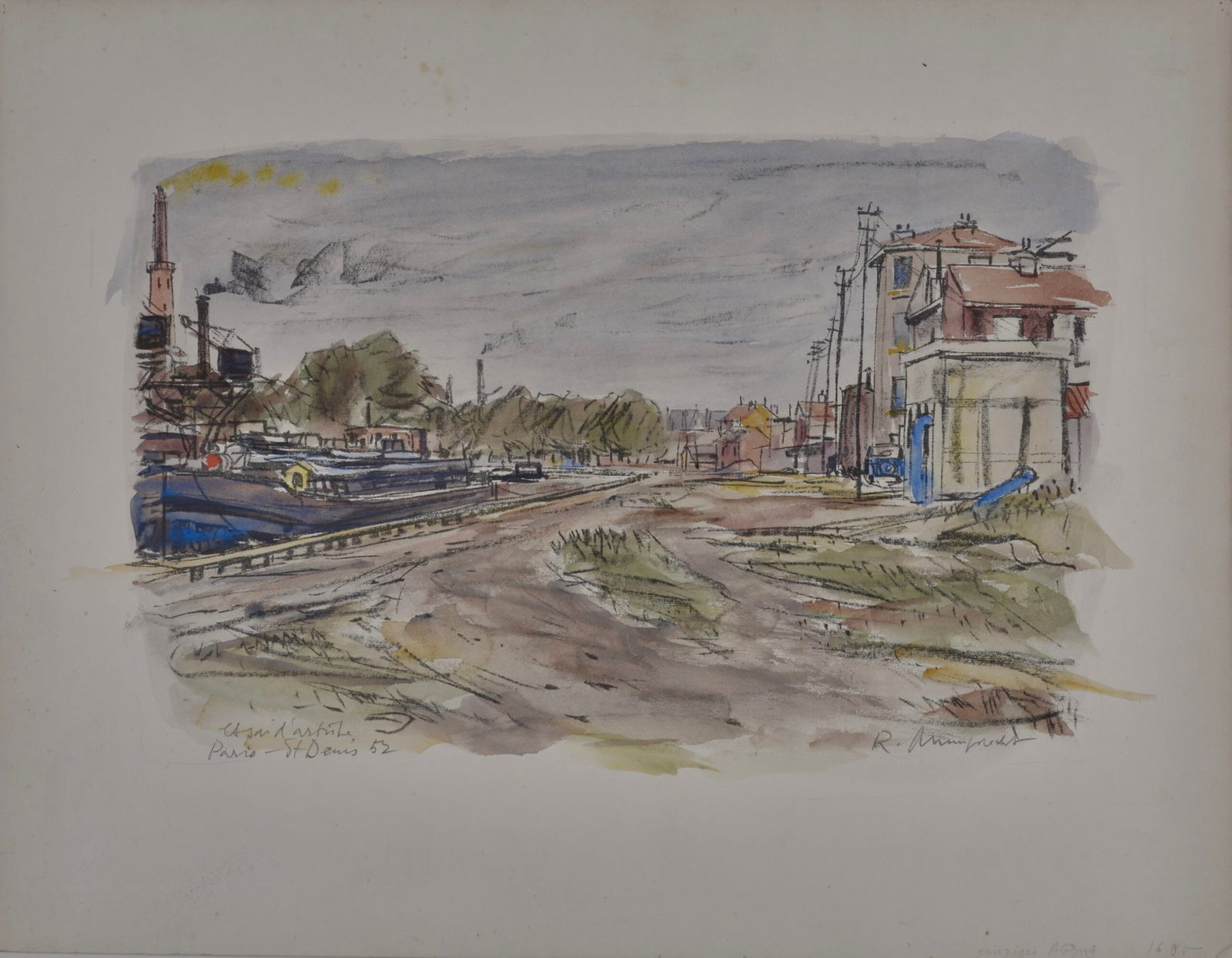 Walter Rudolf Mumprecht : Paris - St. Denis, 1952 (watercoloured): Walter Rudolf Mumprecht (1918-2019)Paris - St. Denis, 1952 (watercoloured)Lithograph on paper, watercoloured;Hand signed and dated 1952 - Titled "Essai d artiste Paris - St. Denis 52"Dimensions:+ Shee