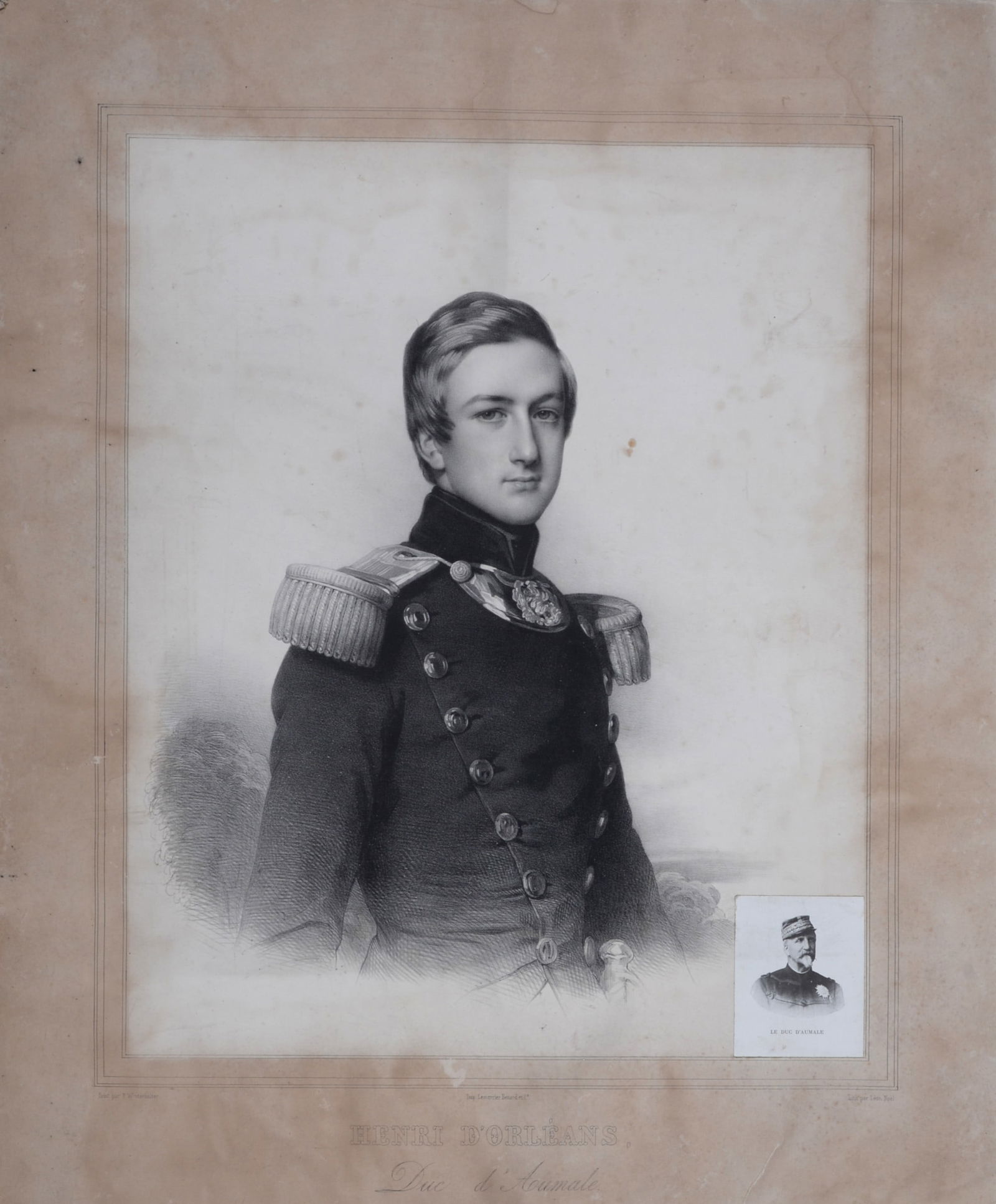 Alphonse-Leon Noel : Henri d'Orleans, Duc d'Aumale, circa 1840-70: Alphonse-Leon Noel (1807-1884)Henri d'Orleans, Duc d'Aumale, circa 1840-70Lithograph in black and white on thick cardboard, printed after a painting by F. Winterhalter.Dimensions:+ Size of the sheet :
