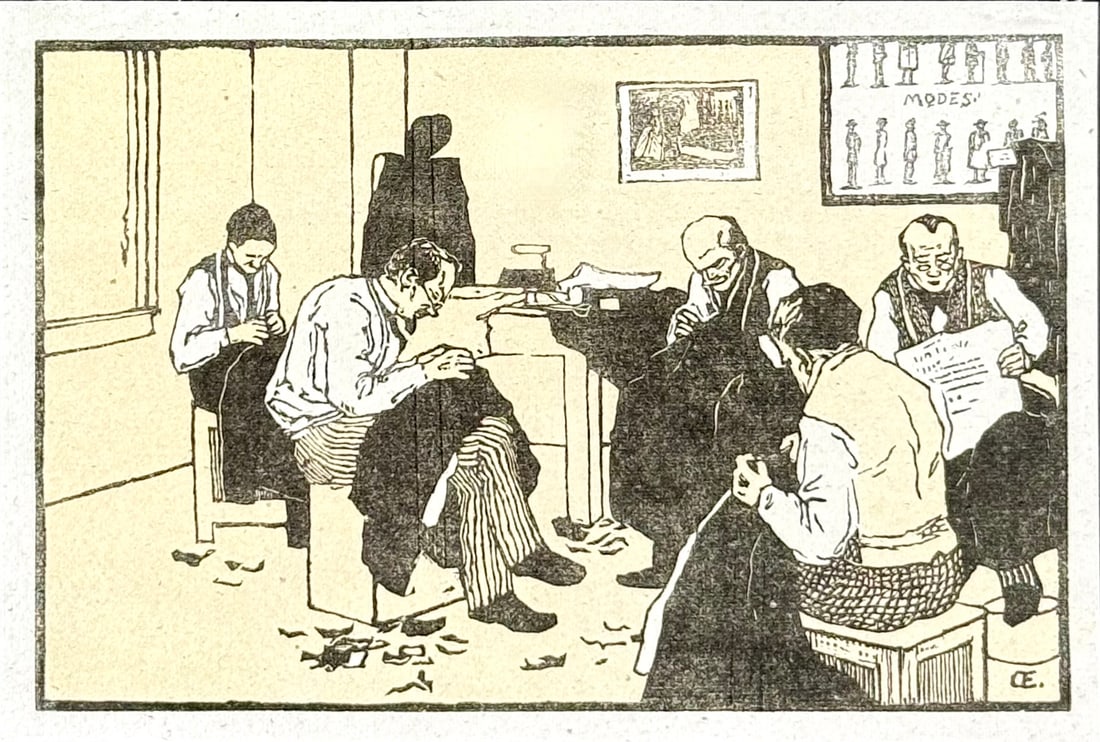 Emil Orlik : Schneiderwerkstatt, 1898: Emil OrlikSchneiderwerkstatt, 1898Color woodcut on laid paper. Printed circa 1920.Monogrammed in the print: OE. Dimensions:+ Size of the sheet : 13.5 × 19.5 cm. / 5.31 × 7.68 in.Publisher Verlag Neu