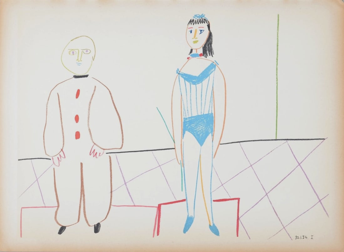 Pablo Picasso : Clown and Woman, 1954: Pablo Picasso (1881-1973)Clown & Woman 1954Lithograph on wove paper.Dated on the plate lower right margin.Dimensions:+Size of the sheet: 26 x 34,8 cm / 10,2 × 13,7 inEdition size: 2000Issued from the