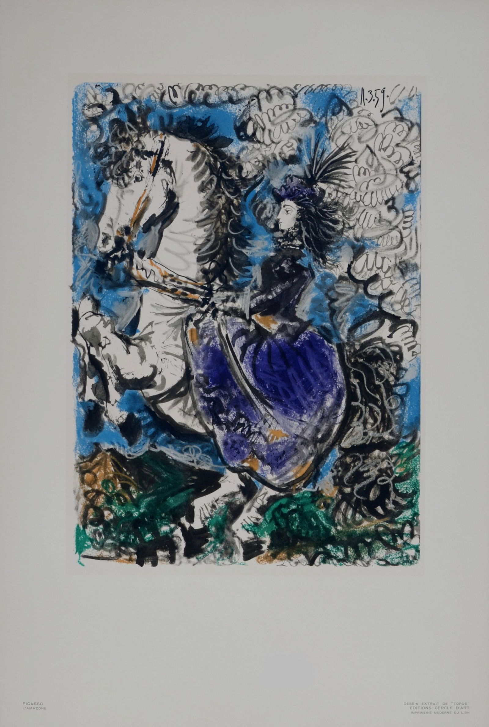 Pablo Picasso (After) - L'Amazone, 1961: Pablo Picasso (1881-1973), AfterL'Amazone, 1961Lithograph in colors on "Johannot" paper.With "Johannot" watermark lower right margin."Picasso - L'Amazone" printed on the lower left corner."Dessin extr
