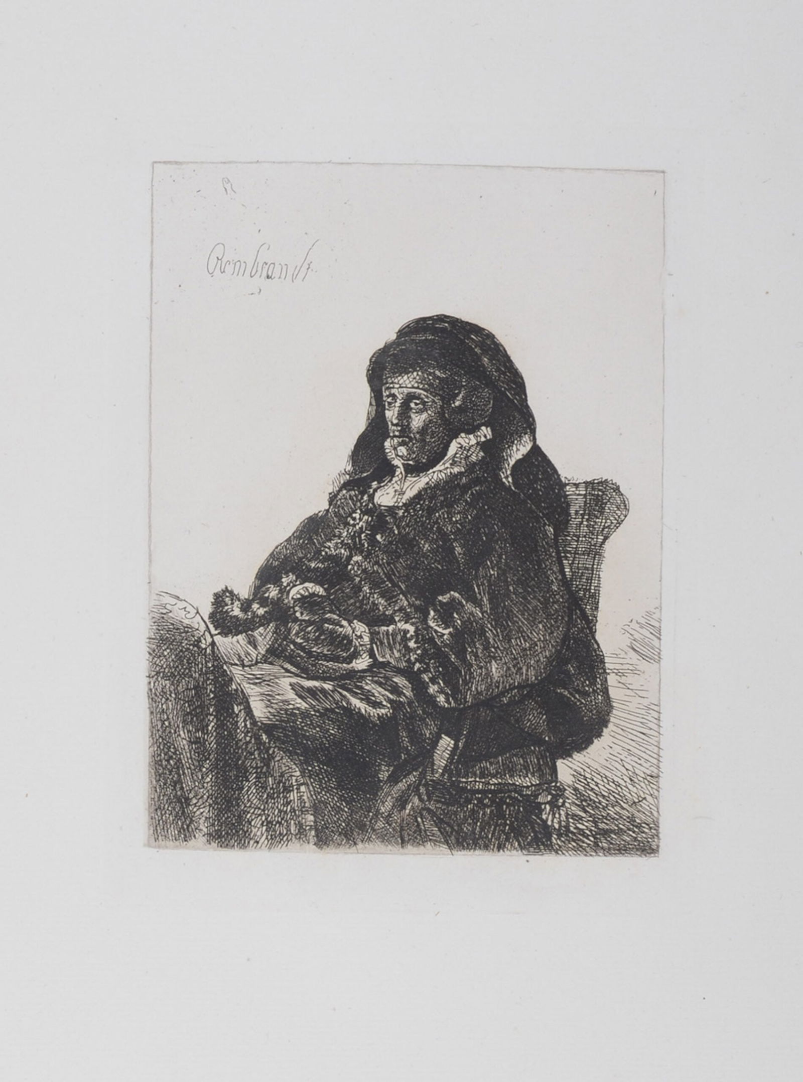 Rembrandt (After) : La Mere de Rembrandt au gant noir, 1880: Rembrandt Van Rijn, said Rembrandt (After)La Mere de Rembrandt au gant noir, 1880Heliogravure on Verge paper, after Rembrandt's etching (referenced in Bartsch 344).Plate-signed upper left.Dimensions :