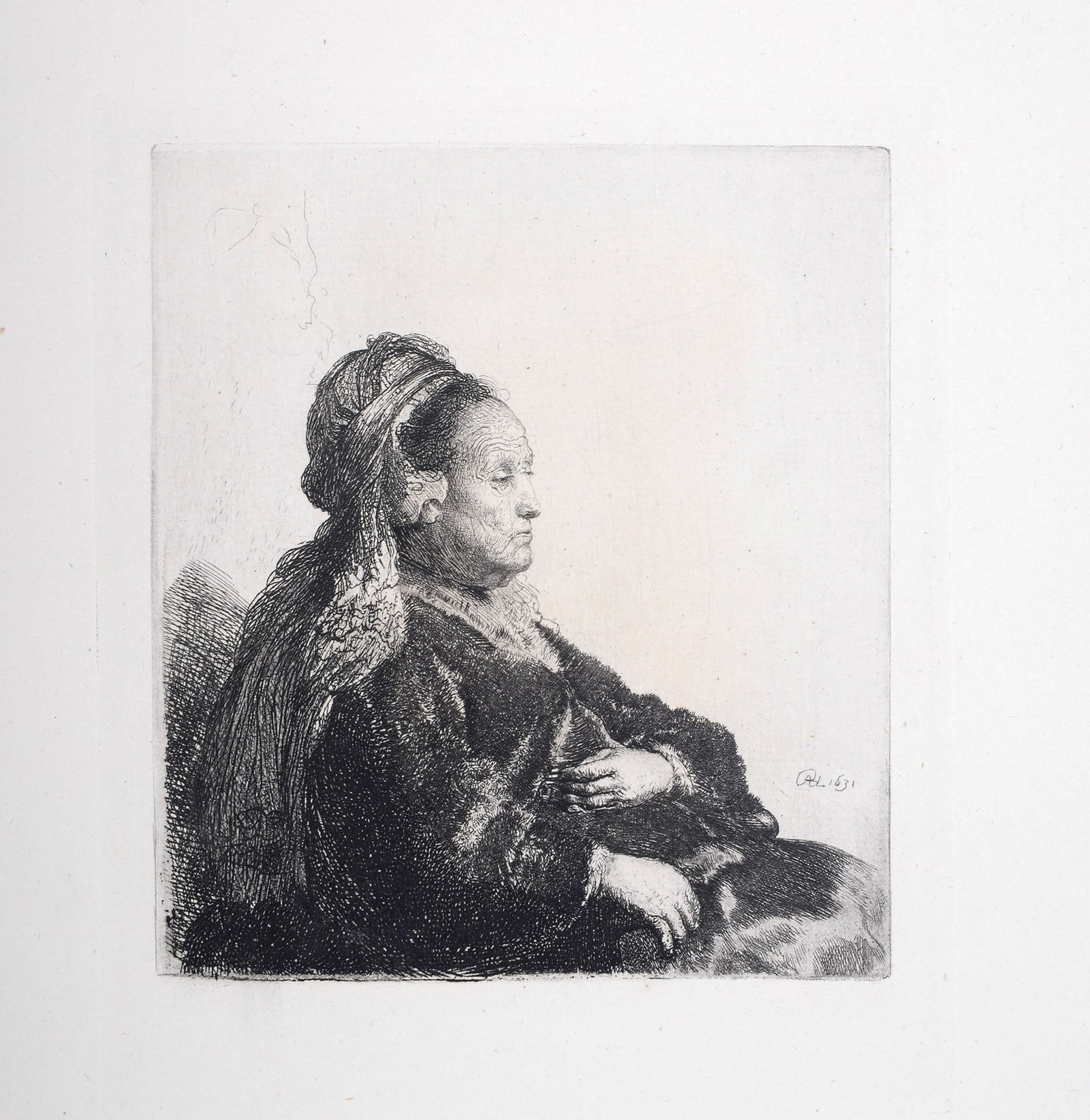 Rembrandt (After) : Femme coiffee a l'orientale, 1880: Rembrandt Van Rijn, said Rembrandt (After)Femme coiffee a l'orientale, 1880Heliogravure on Verge paper, after 1631 Rembrandt's etching (referenced in Bartsch 348).Plate-signed.Dimensions :+ Size of th