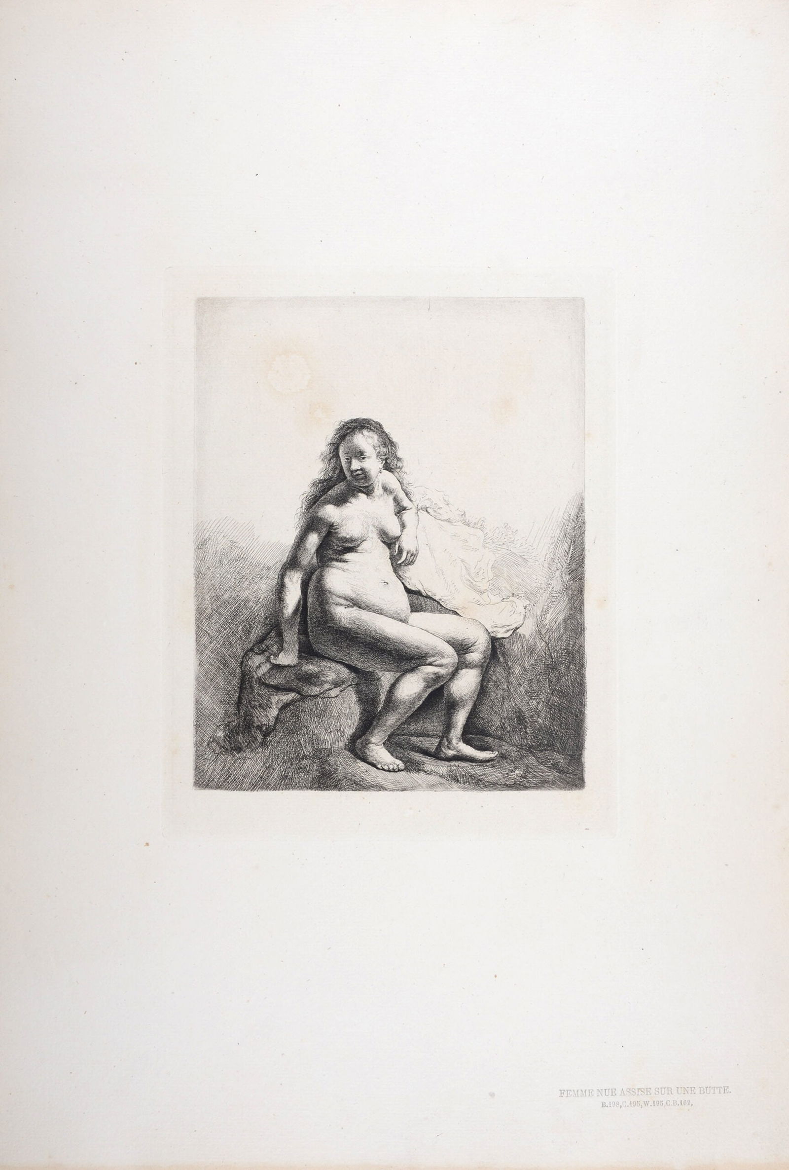 Rembrandt Van Rijn, said Rembrandt (After) : Femme nue assise sur une butte, 1880: Rembrandt Van Rijn, said Rembrandt (After)Femme nue assise sur une butte, 1880Heliogravure on Verge paper, after Rembrandt's etching (referenced in Bartsch 198).Dimensions :+ Size of the sheet: 47 x 3