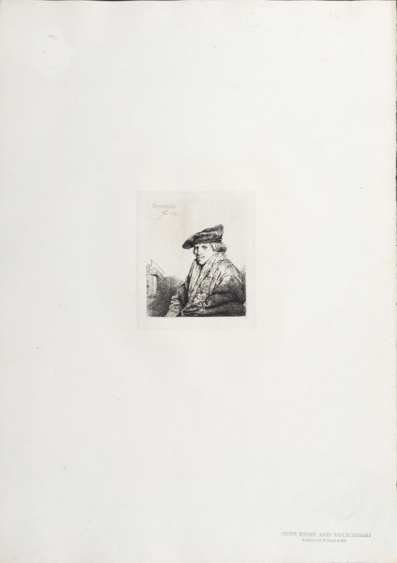 Rembrandt Van Rijn, said Rembrandt (After) : Jeune Homme assis reflechissant, 1880: Rembrandt Van Rijn, said Rembrandt (After)Jeune Homme assis reflechissant, 1880Heliogravure on Verge paper, after Rembrandt's etching (referenced in Bartsch 268).Plate-signed and dated in the plate up