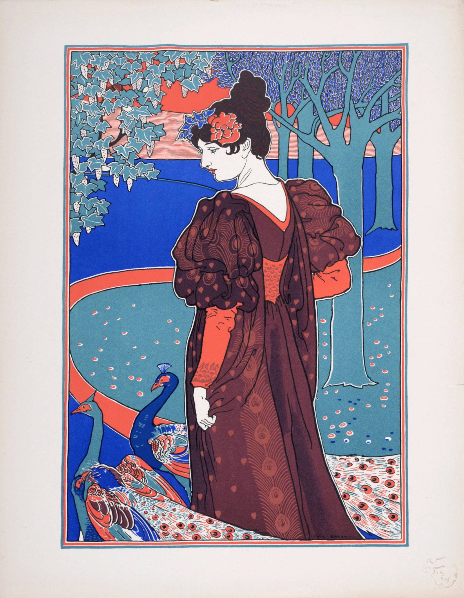 Louis Rhead - La Femme au Paon, 1897: Louis Rhead (1857-1926)La Femme au Paon, 1897Lithograph on wove paper.Signed on the plate lower right margin.L'Estampe Moderne's blind stamp on the bottom right corner.Dimensions:+Size of the sheet: 4
