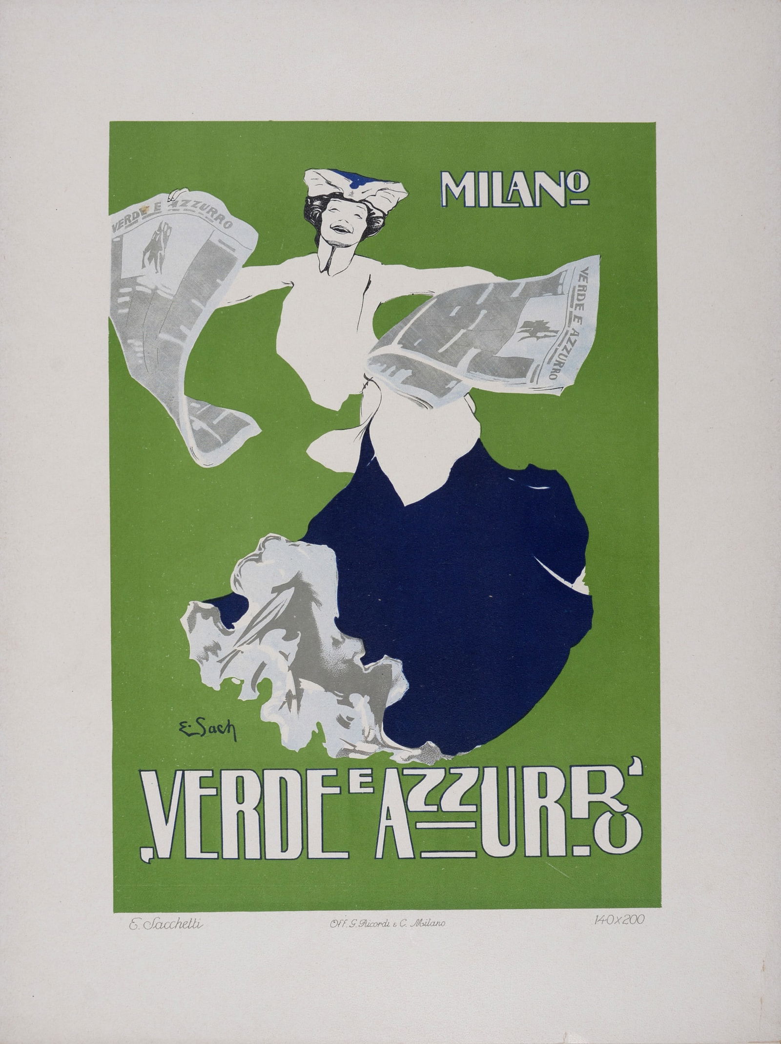 Enrico Sacchetti - Verde e Azzurro, 1914: Enrico Sacchetti (1877-1969)Verde e Azzurro, 1914Lithograph on thick paper.Extremely scarce lithograph from the iconic portfolio Ricordi!Signed on the plate lower left margin.Dimensions:+Size of the s