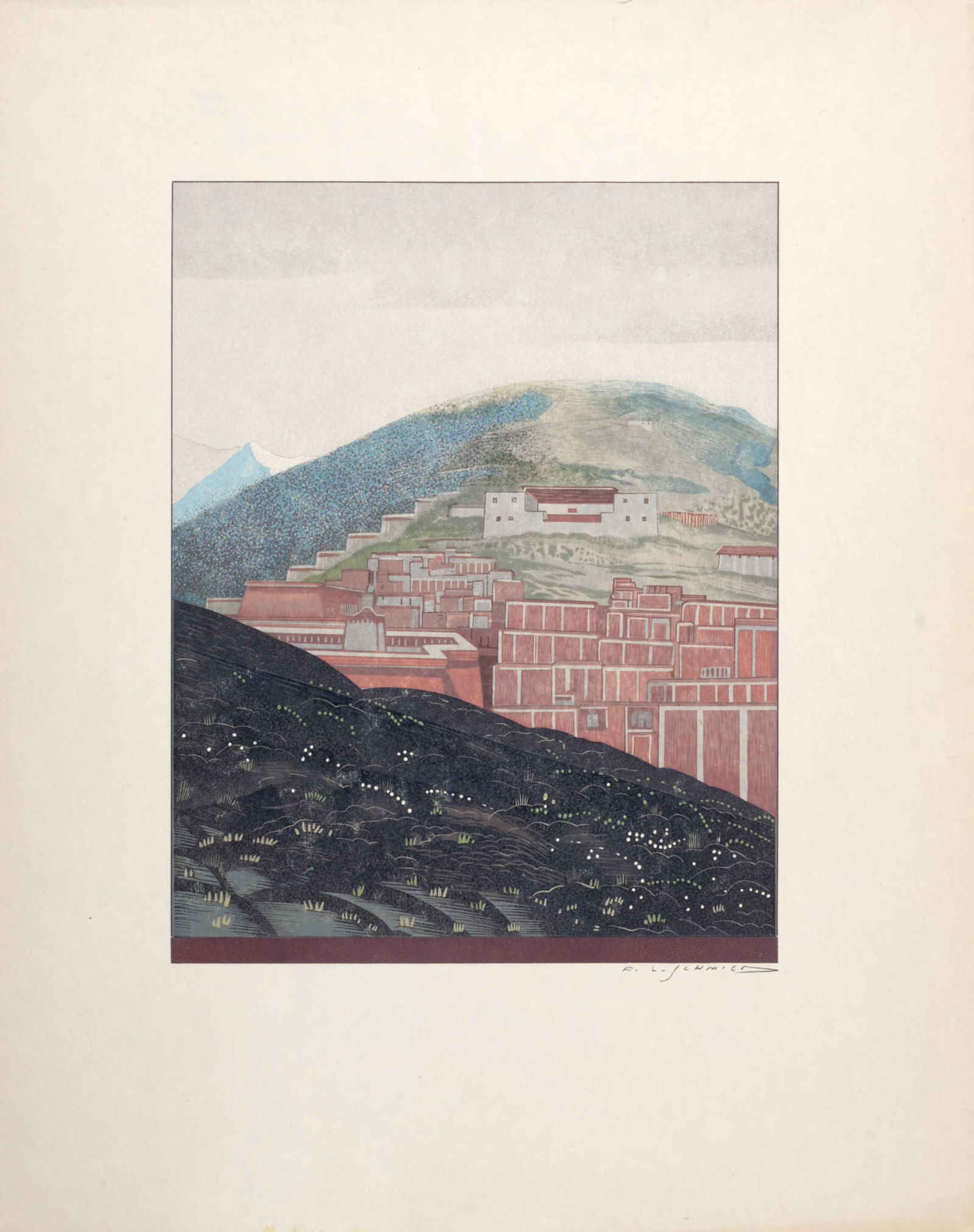 Francois Louis Schmied : Paysage #1, 1930: Francois Louis Schmied (1873-1941)Paysage #1, 1930Woodcut in color on Japan paper.Plate-signed lower right margin.Dimensions :Size of the sheet : 31 x 25 cm / 12,2 x 9,8 in.Size of the image : 19,5 x