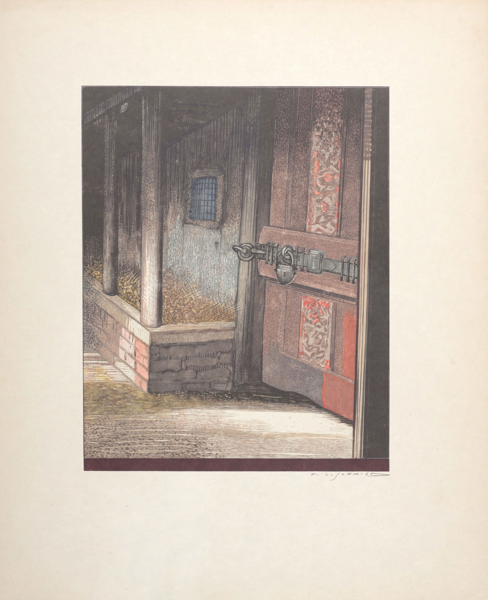 Francois Louis Schmied : La Porte, 1930: Francois Louis Schmied (1873-1941)La Porte, 1930Woodcut in color on Japan paper.Plate-signed lower right margin.Dimensions :Size of the sheet : 31 x 25 cm / 12,2 x 9,8 in.Size of the image : 19,5 x 15