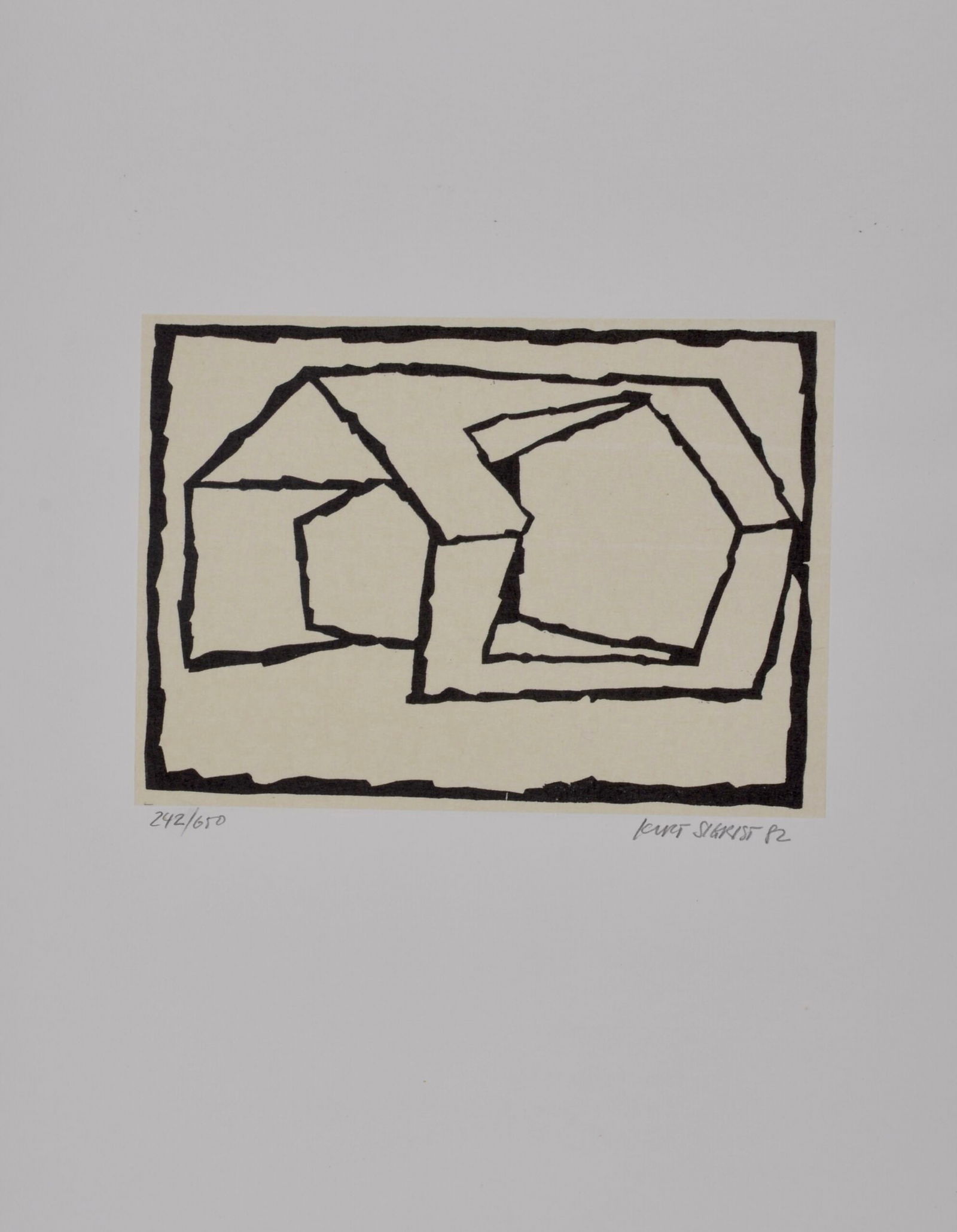 Kurt Sigrist : Untitled, 1982: Kurt Sigrist (1943-)Untitled, 1982Linocut mounted on paperHand-Signed and dated in pencil lower right and numbered 242/650 lower left.Dimensions:+ Image Size : 13,5 x 18,7 cm / 5,3 × 7,4 in+ Sheet si