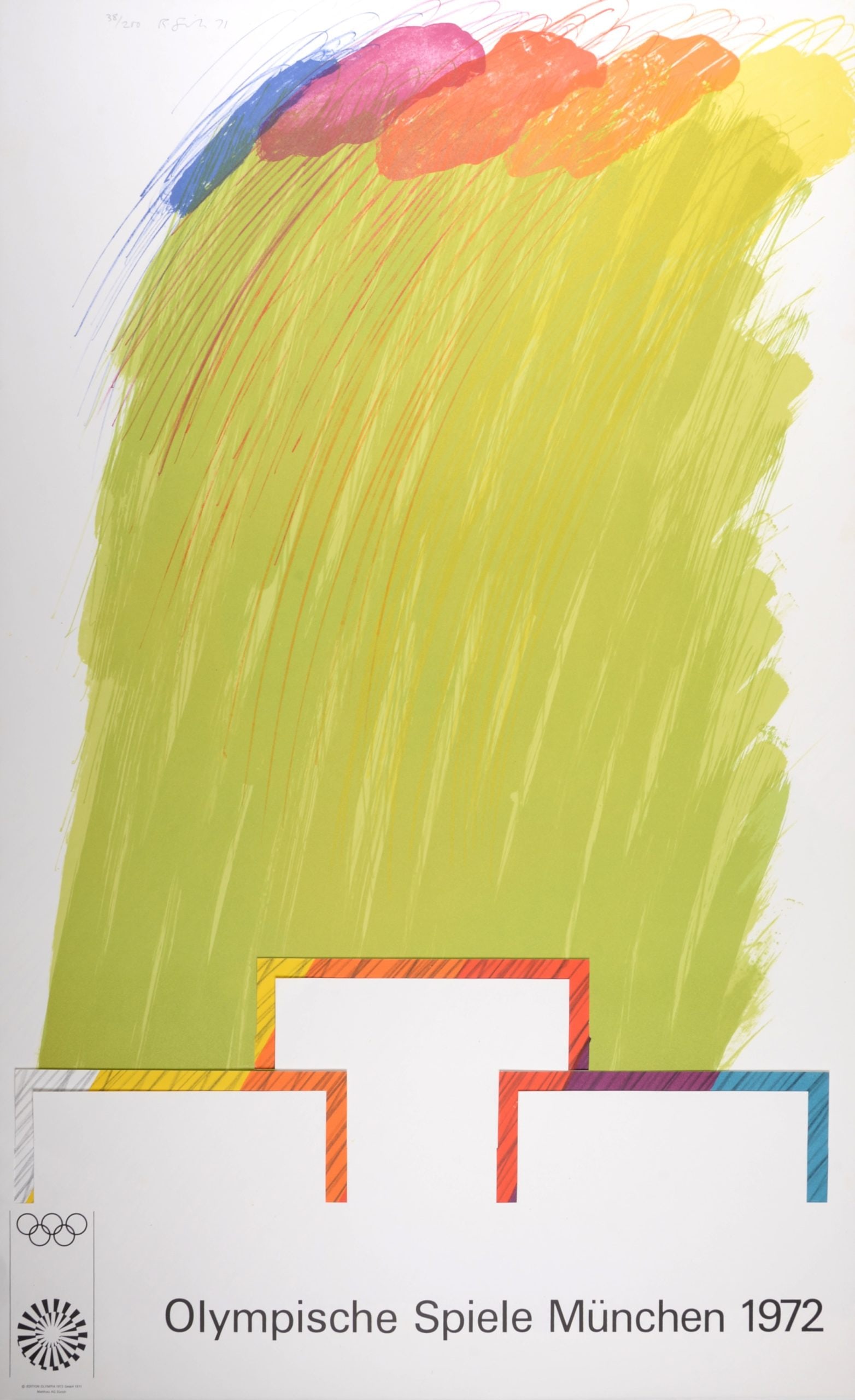 Richard Smith - Olympische Spiele Munchen 1972, 1971: Richard Smith (1931–2016)Olympische Spiele Munchen 1972, 1971Lithograph with collage in colors on wove paper, "mounted" on two papers.Hand-signed and dated in pencil upper left.Numbered 38/280 in pe