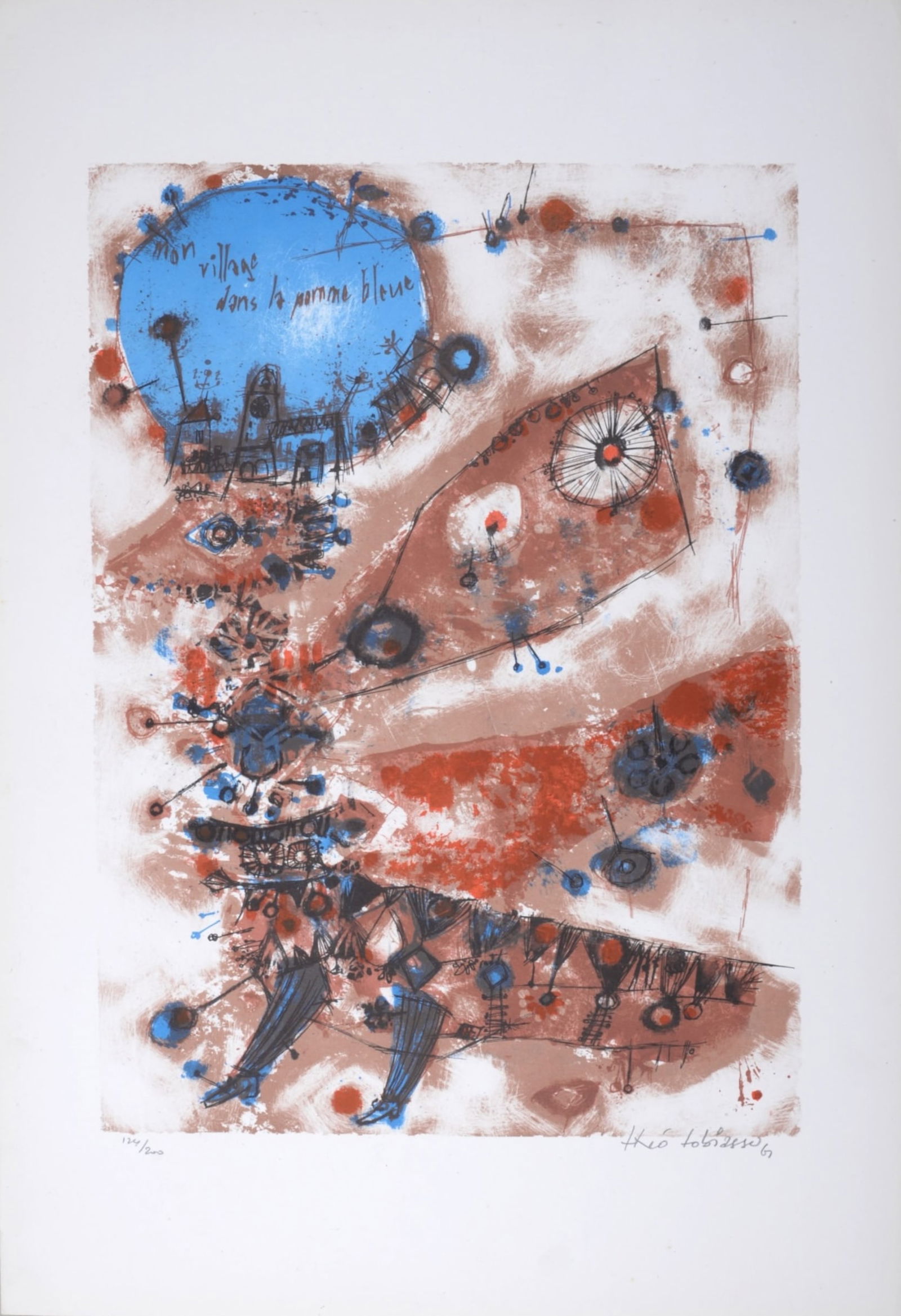 Theo Tobiasse : Mon village dans la pomme bleue, 1961 - Hand-signed: Theo Tobiasse (1927-2012)Mon village dans la pomme bleue, 1961Lithograph on wove paper.Hand-signed and dated in pencil lower right.Hand-numbered in pencil on 200, lower left of the sheet (please note