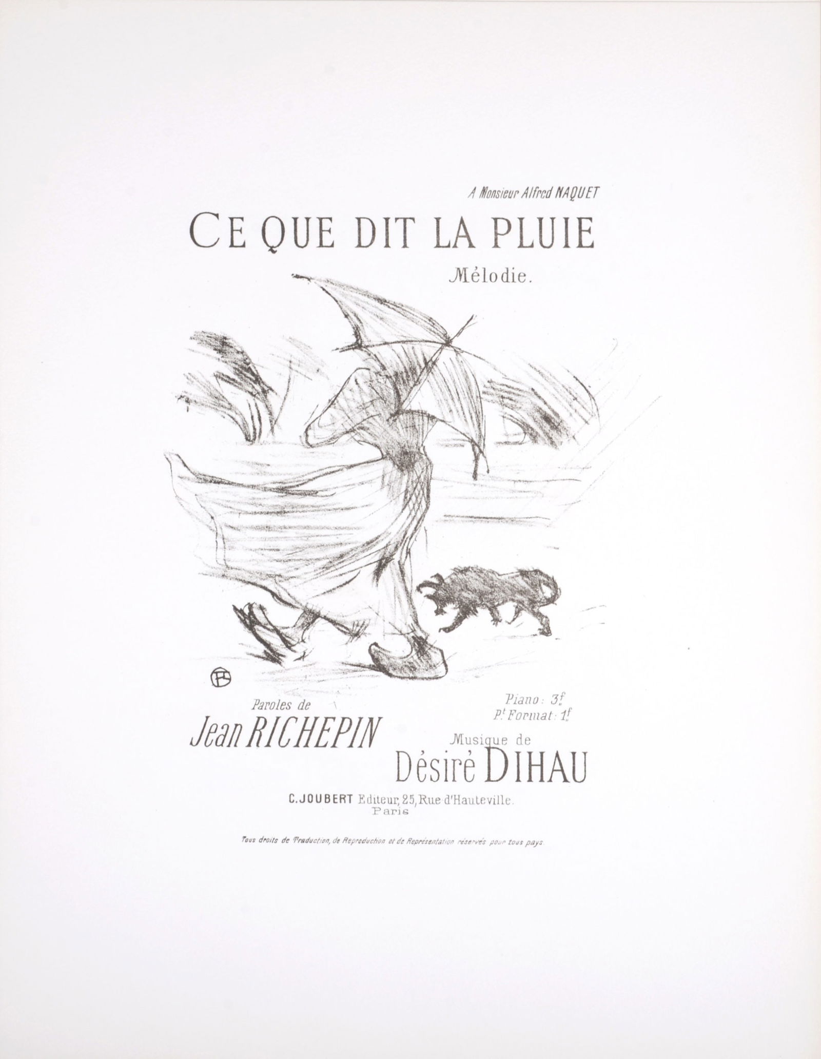 Henri de Toulouse-Lautrec - Ce que dit la pluie, 1895: Henri de Toulouse-Lautrec (1864-1909)Ce que dit la pluie, 1895 Original lithograph in black & white on wove paperThird edition (posthumous printing)Published in 1978.Dimensions :+ Size of the sheet :