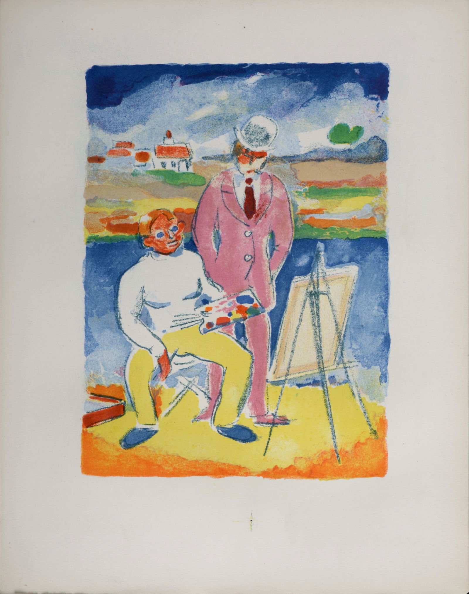 Kees Van Dongen - Vlaminck et Derain a Chatou, 1949: Kees Van Dongen (1877-1968)Vlaminck et Derain a Chatou, 1949Original lithograph in colors on wove paper."Tire a part" from the book by Roland Dorgeles "Au Beaux Temps de la Butte", illustrated by Kees
