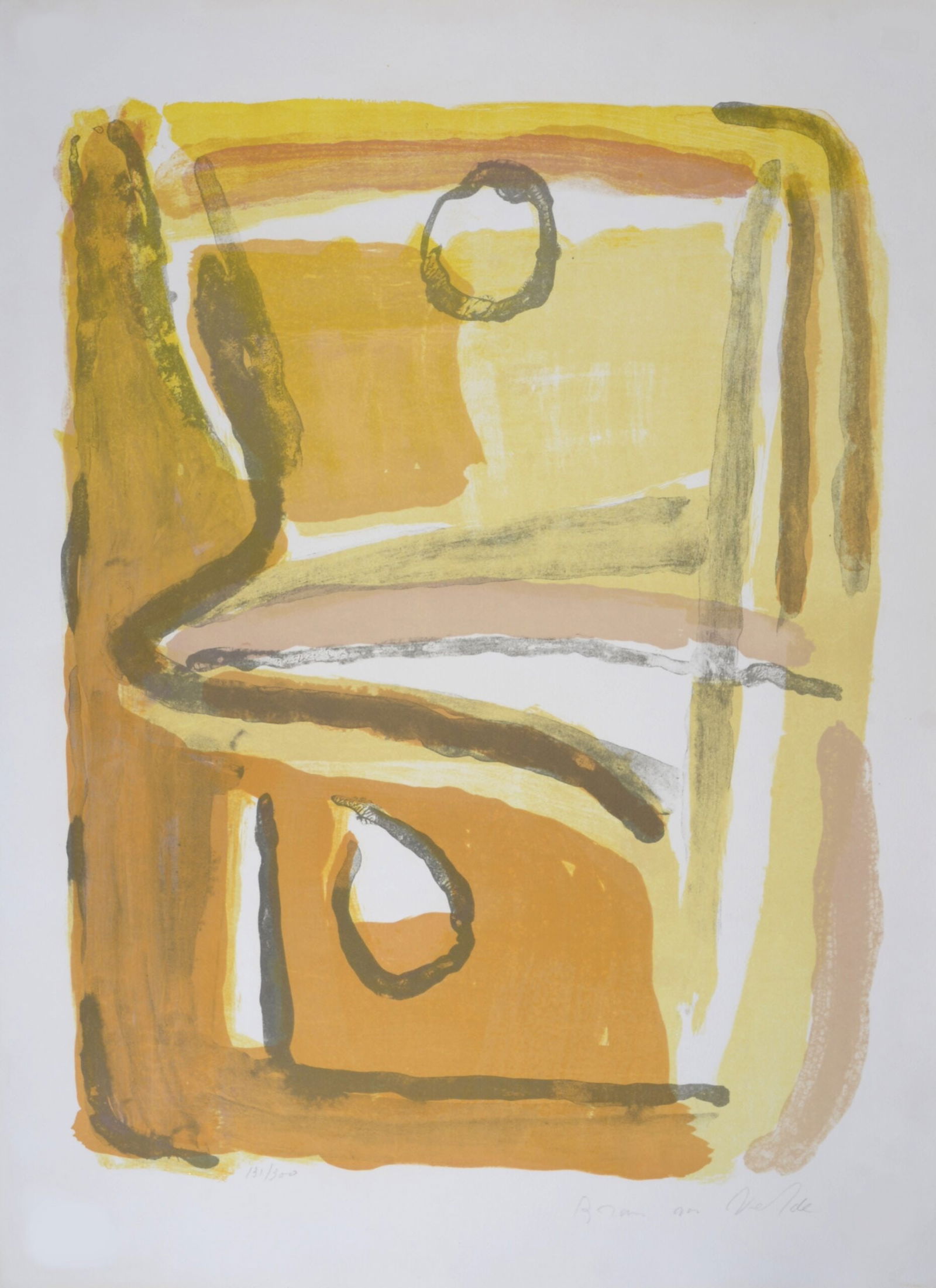 Bram Van Velde : Parcours Jaune, 1967 - Hand-Signed: Bram Van Velde (1895 - 1981) Parcours Jaune, 1967 Lithograph in colors on wove paper Hand-signed in pencil lower right. Numbered 131/300 lower left margin. Dimensions: +Size of the sheet : 65,7 x