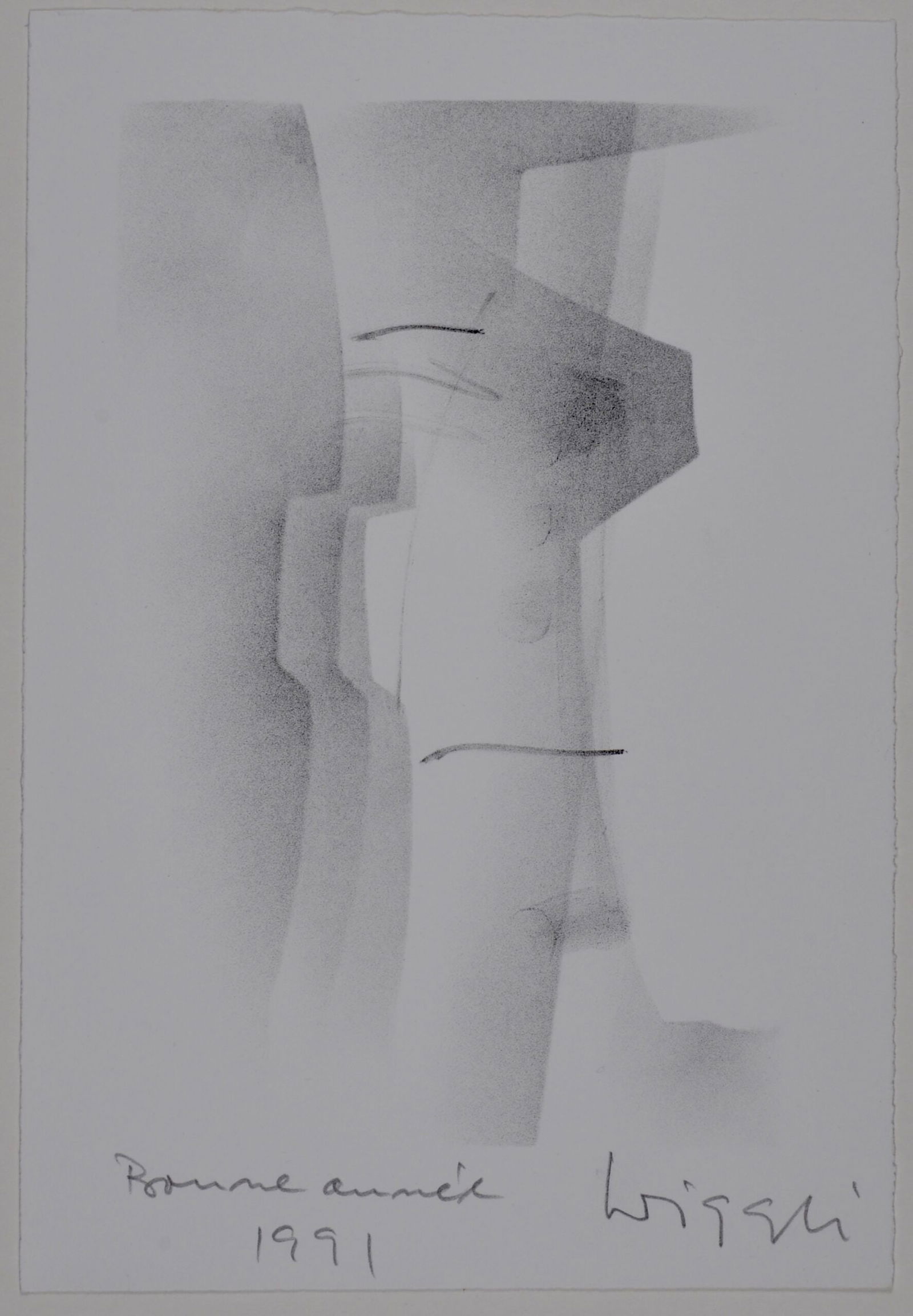 Oscar Wiggli : Abstract composition, 1991: Oscar Wiggli (1927-2016)Abstract composition, 1991Lithograph on paper.Hand signed and inscribed "Bonne annee 1991"Dimensions:+ Sheet size: 29 × 20 cm / 11.42 × 7.87 inWorldwide shipping via DHL or s