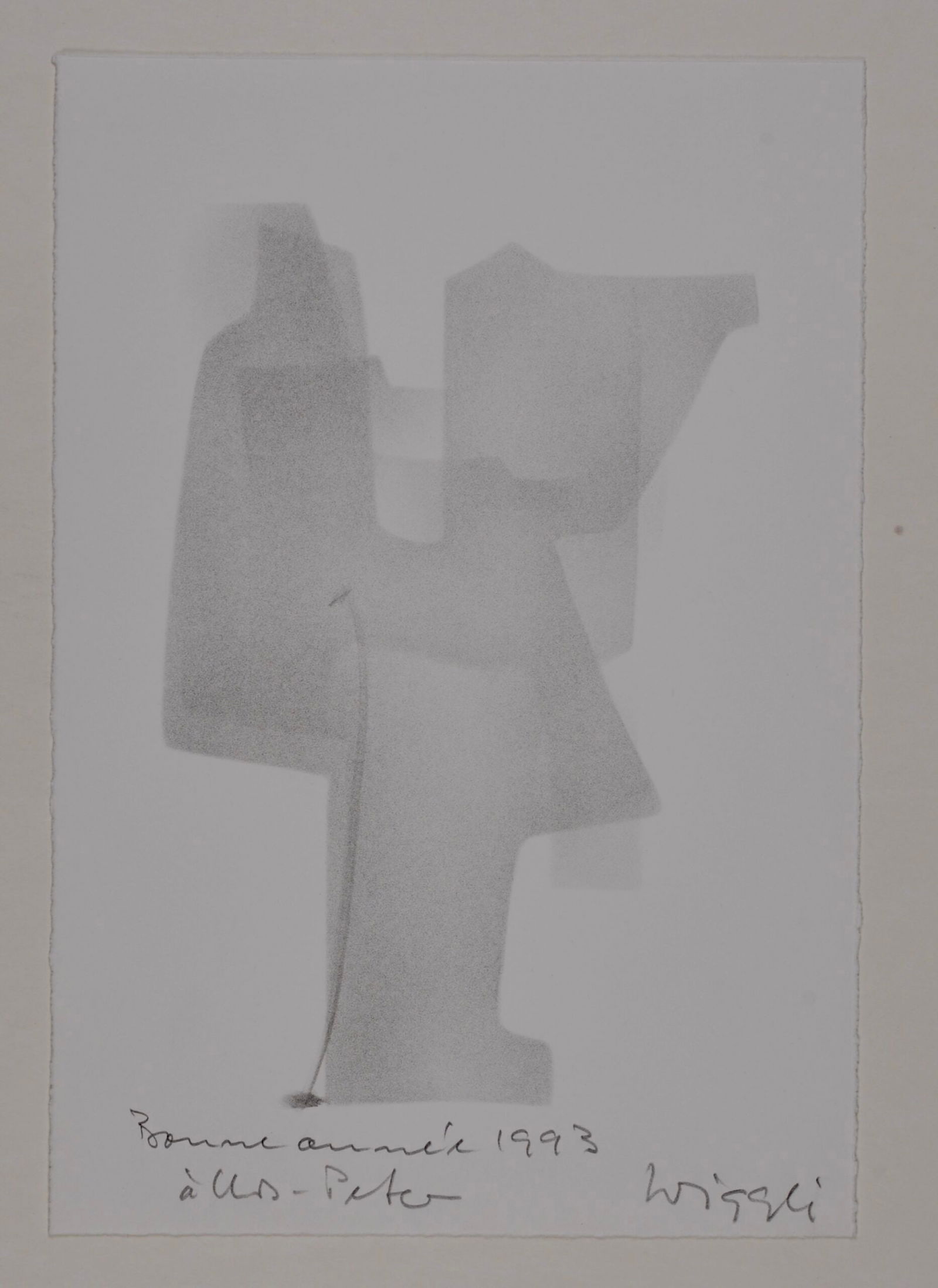Oscar Wiggli : Abstract composition, 1993: Oscar Wiggli (1927-2016)Abstract composition, 1993Lithograph on paper.Hand signed and inscribed "Bonne annee 1993 a Urs Peter"Dimensions:+ Sheet size: 29 × 20 cm / 11.42 × 7.87 inWorldwide shipping