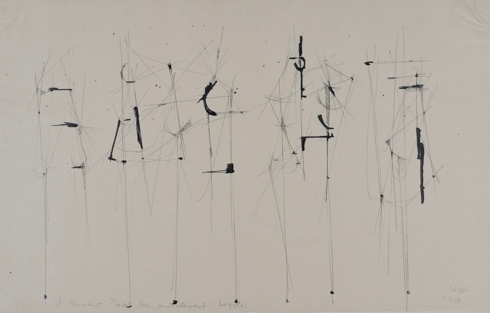 Oscar Wiggli : Ink on paper, 1958: Oscar Wiggli (1927-2016)Abstract composition, 1958Ink on paperHand signed and inscribed "A Monsieur Probst bien amicalement Wiggly"A very fine ink on paper by Wiggly, from his best period of productio