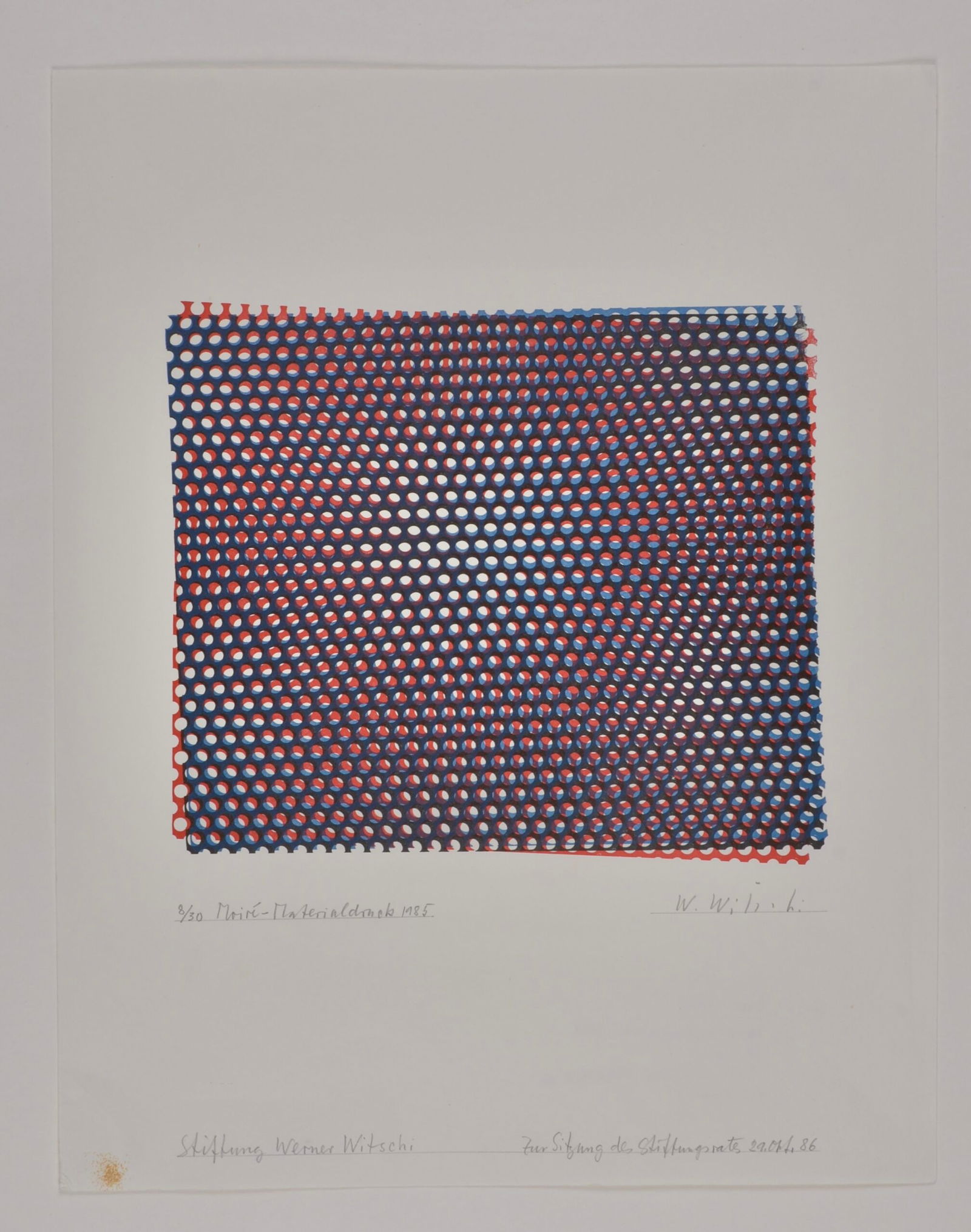 Werner Witschi : Moire-Materialdruck, 1985 - Hand-signed: Werner Witschi (1906-1999)Moire-Materialdruck, 1985Foil print on paperHand-signed in pencil lower rightNumbered 8/30, titled and dated in pencil lower left.With dedication lower margin.Dimensions :+ S