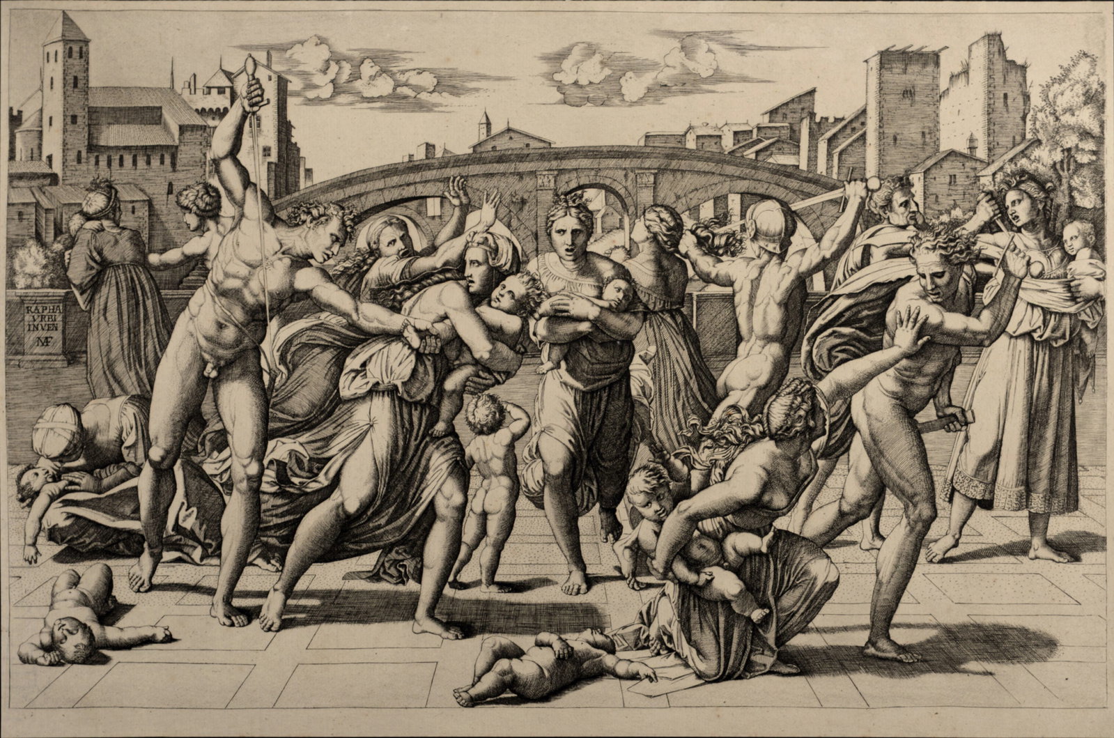 Marc de Ravenne (After) - Le Massacre des Innocents, circa 1870: Marc de Ravenne (After) Le Massacre des Innocents, c. 1870 Heliogravure on Verge paper, after Marc de Ravenne's etching (referenced in Bartsch #20). Charles Amand-Durand's red ink stamp on the back. D