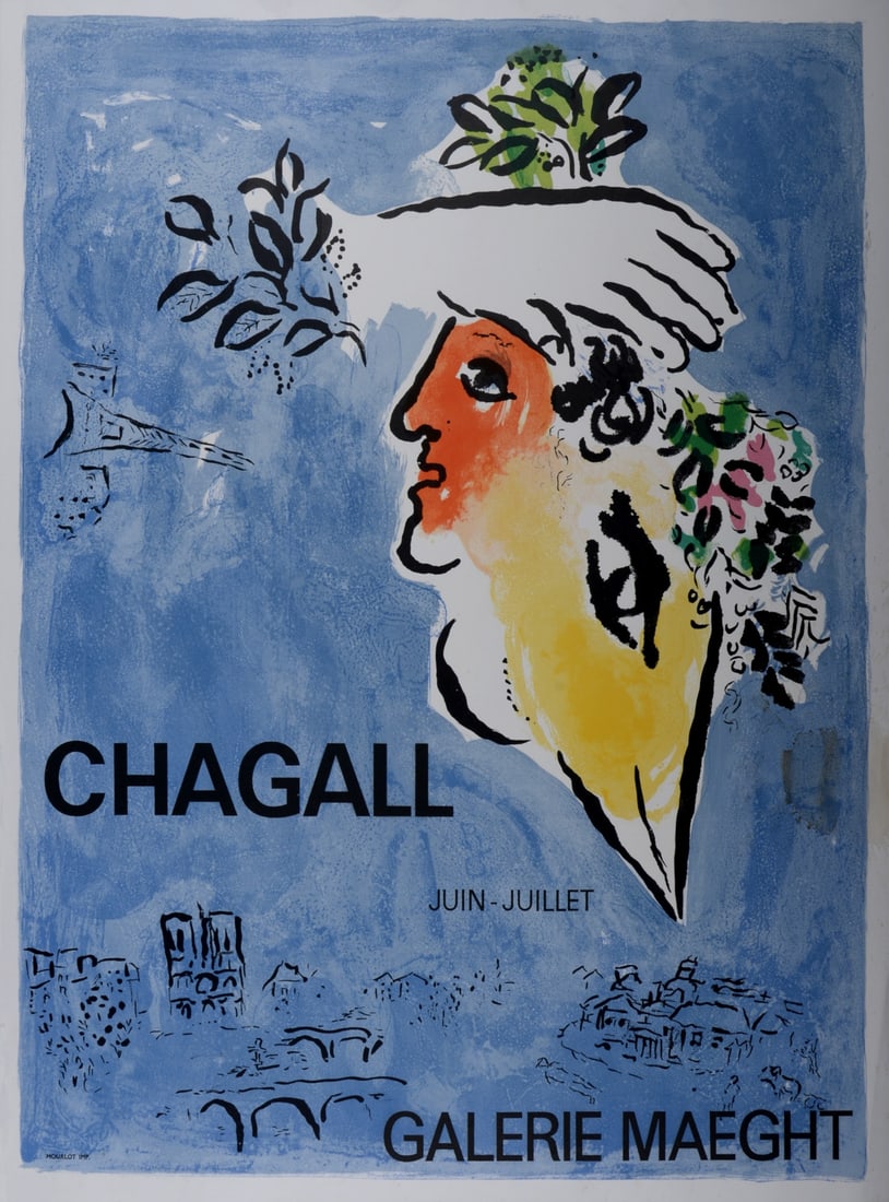 Marc Chagall : Le Ciel Bleu, Galerie Maeght, 1964: Marc Chagall (1887-1985) Le Ciel Bleu, Galerie Maeght, 1964 Original lithograph poster in colors. Dimensions: + Size of the sheet: 70.5 x 55 cm / 27.7 x 21.6 in. + Size of the image: 67.4 x 52 cm / 26