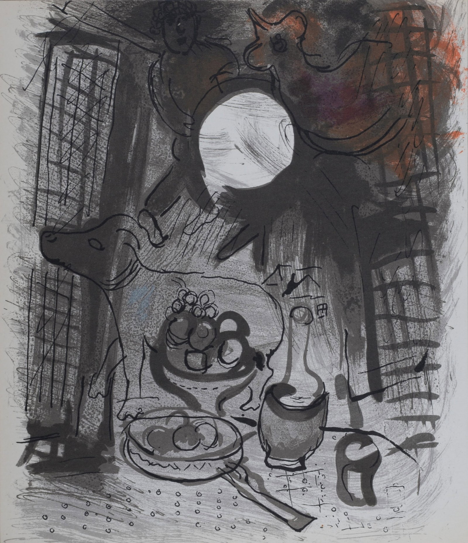Marc Chagall (1887-1985) : Nature morte brun, 1957: Marc Chagall (1887-1985) Nature morte brun, 1957 Lithograph in colors on wove paper. Dimensions: + Size of the sheet: 23 x 20 cm / 9,1 × 7,9 in. From "Chagall" by Jacques Lassaigne published by Maegh