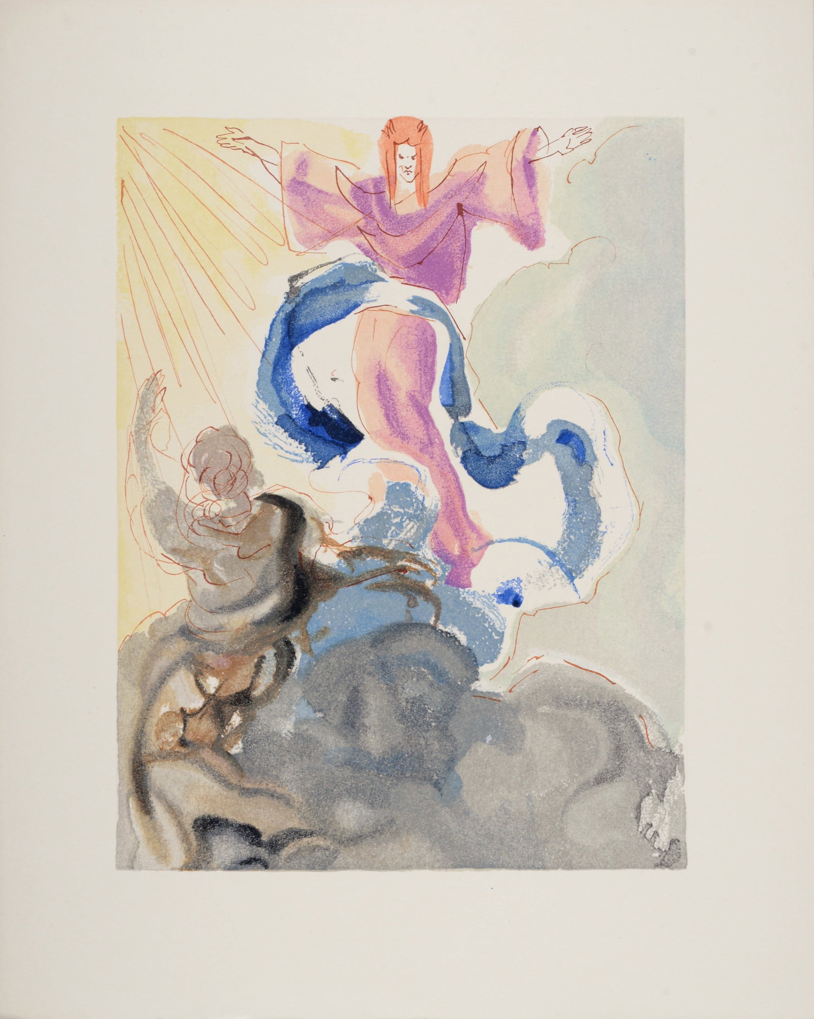Salvador Dali : Le Premier ciel, 1963: Salvador Dali (1904-1989) Le Premier Ciel, 1963 Woodcut print on BFK Rives paper. A beautiful print by Salvador Dali! Dimensions: +Size of the sheet: 33 x 26,5 cm / 12,9 x 10,4 in. Issued from the Fre