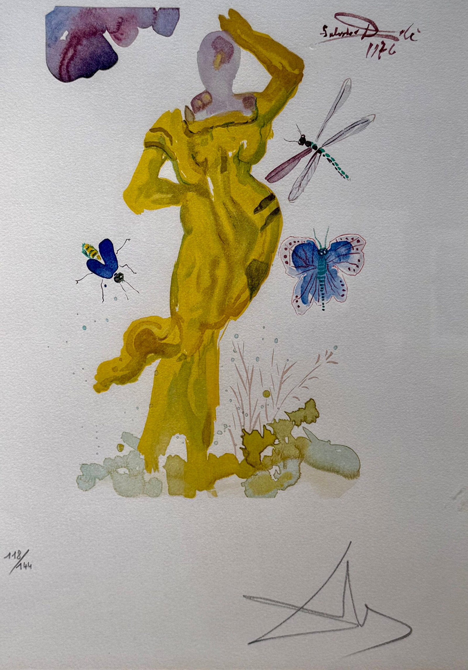 Salvador Dali - Divine Erato, c. 1979 (Hand signed): Salvador Dali (1904–1989)Divine Erato, c. 1979 Color woodcut on Arches paper. Hand-signed lower right and hand-numbered lower left (118/144). Dimensions: Frame size: 63 x 52 cm / 24.8 x 20.5 in Imag
