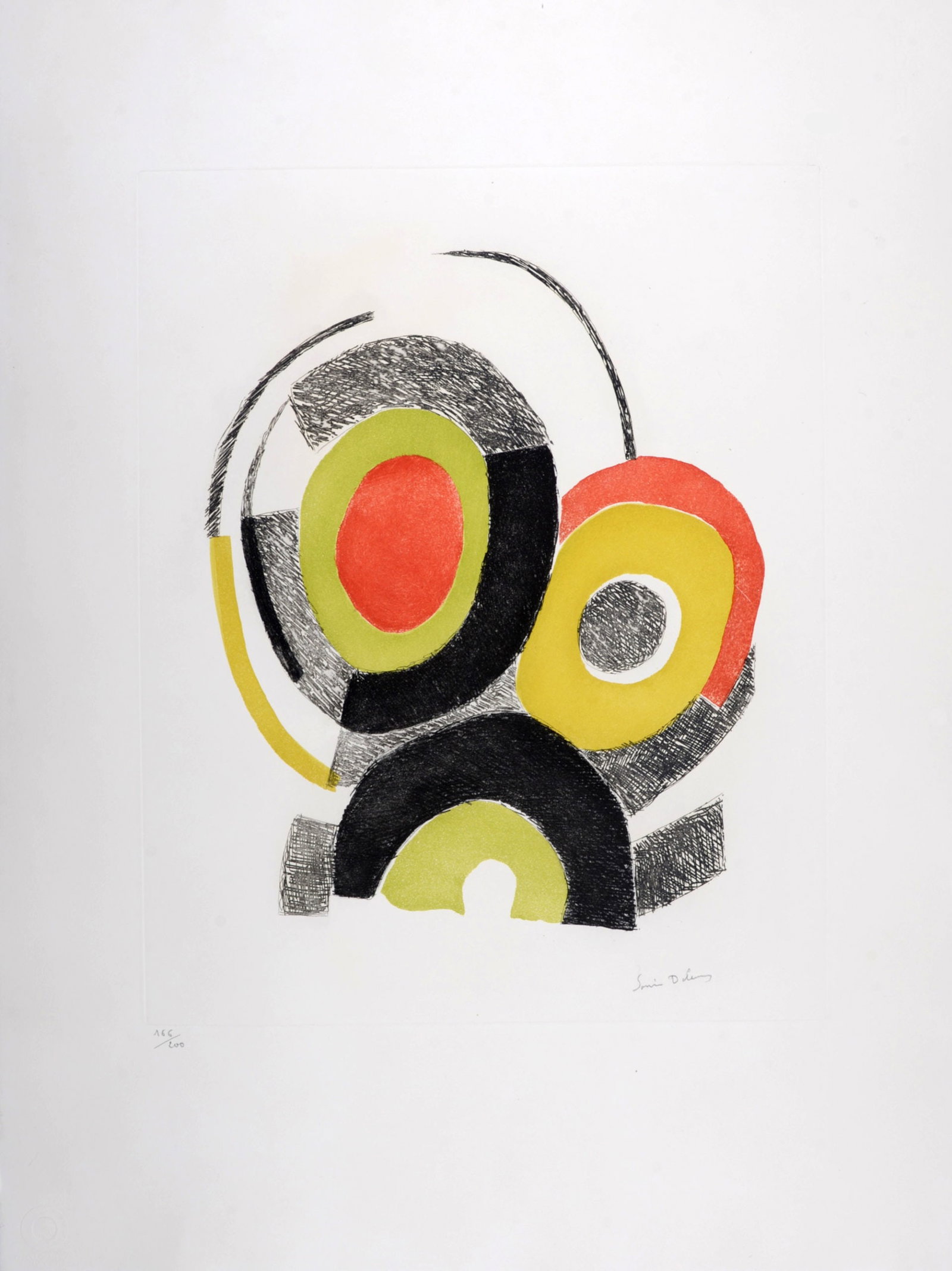 Sonia Delaunay : Les Illuminations de Rimbaud, 1973 - Hand-signed: Sonia Delaunay (1885-1979) Les Illuminations de Rimbaud, 1973 Large etching with aquatint in colors on Arches paper. Hand-signed in pencil lower right margin. Numbered 166/200 lower left margin. "Cerc