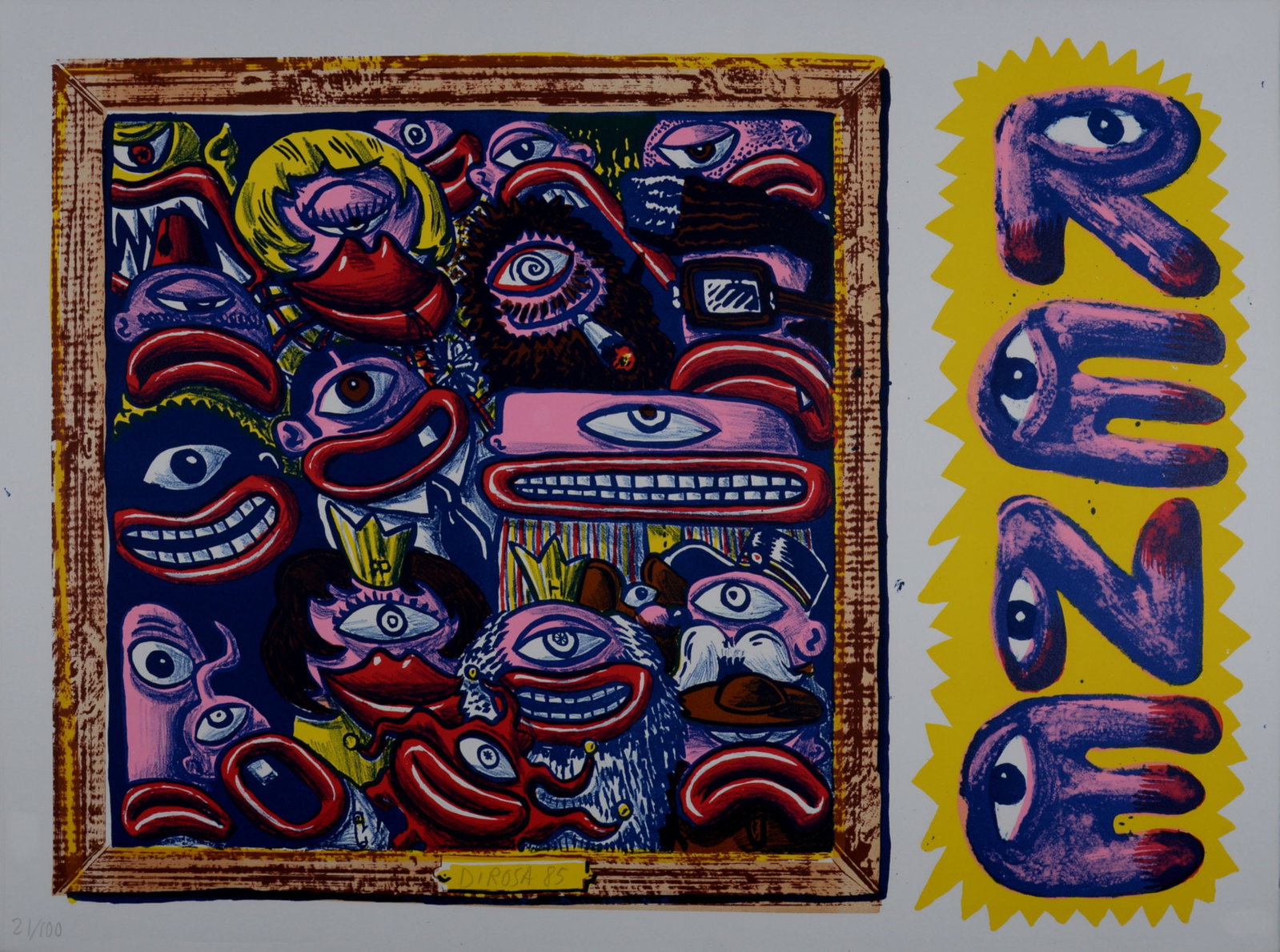 Herve Di Rosa - Le Peuple Rene, 1985 - Hand-signed!: Herve Di Rosa (1959) Le Peuple Rene, 1985 Large lithograph in five colors on Arches paper. Hand-signed and dated on the bottom of the image. Numbered 21/100 on the bottom left corner. Dimensions: + Si
