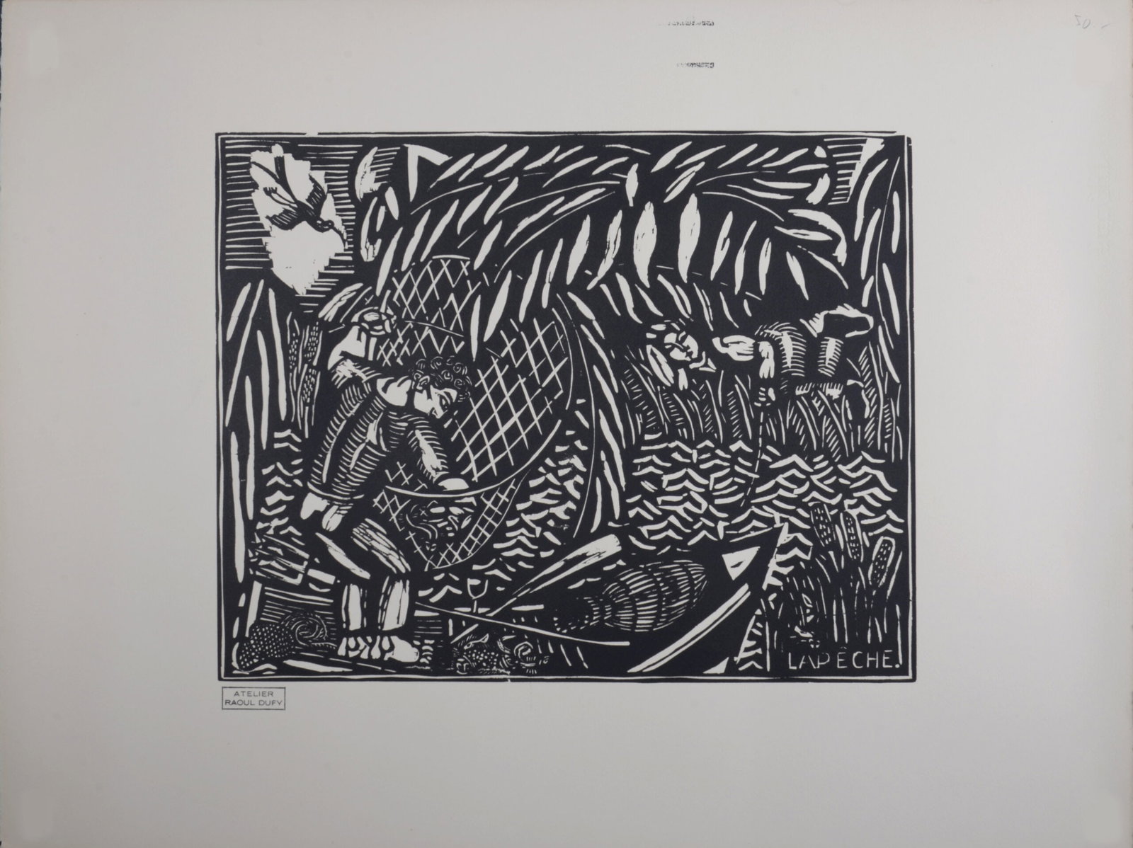 Raoul Dufy (After) - La Peche (#2E), c. 1910: Raoul Dufy (After) La Peche (#2E), c. 1910 Woodcut print on Velin Pur Fil Marais paper. Edition of 220. Raoul Dufy Workshop's ink stamp on the bottom left corner. Pur Fil Marais' watermark in both mar