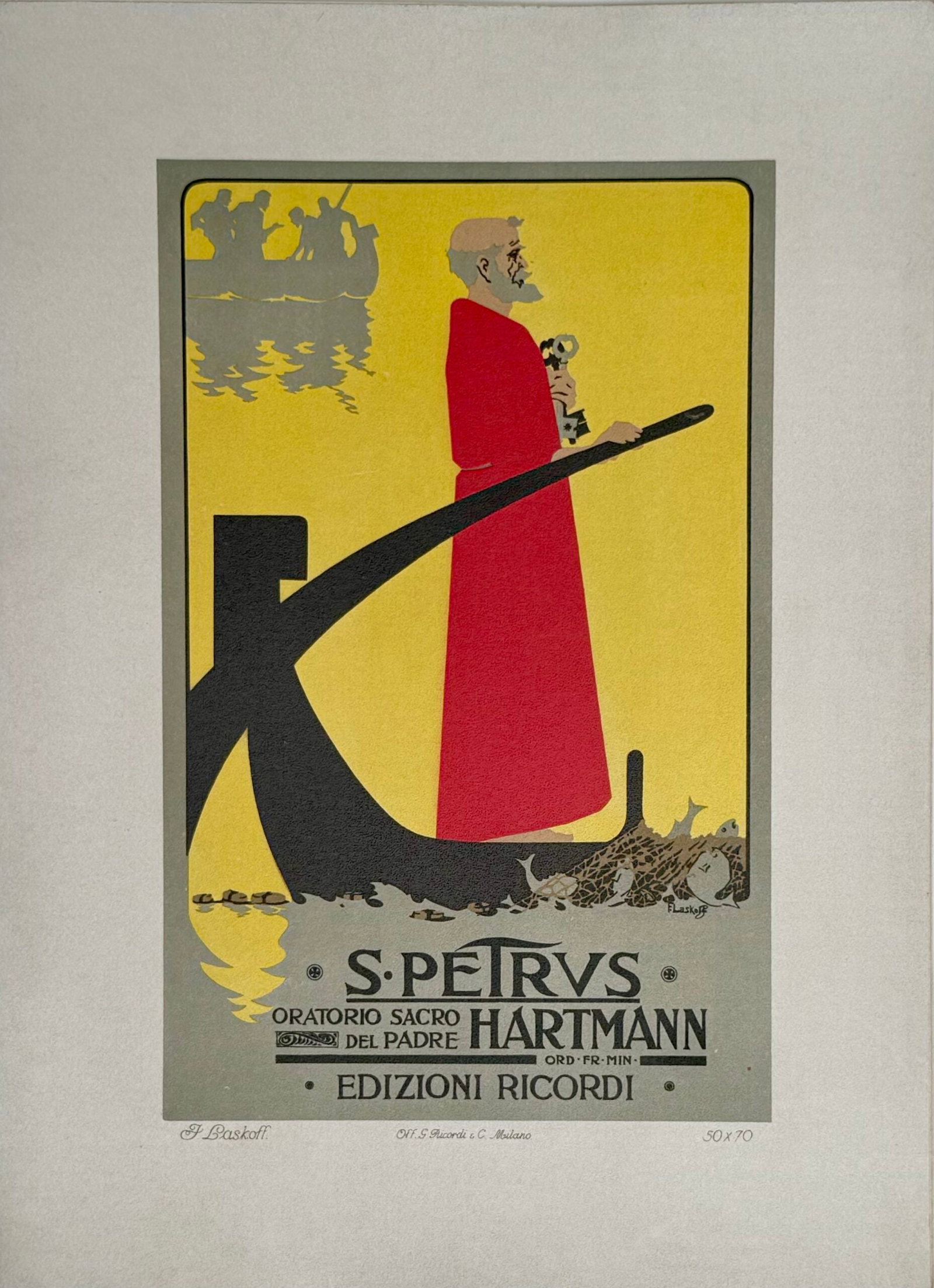 Franz Laskoff - S. Petrus, 1914 (Ricordi Poster Portfolio): Franz Laskoff S. Petrus, 1914 Lithograph on thick paper. Scarce lithograph from the iconic portfolio Ricordi! Dimensions: +Size of the sheet: 36 x 26 cm / 14.17 × 10.24 in. Printed in 1914 by Ricordi