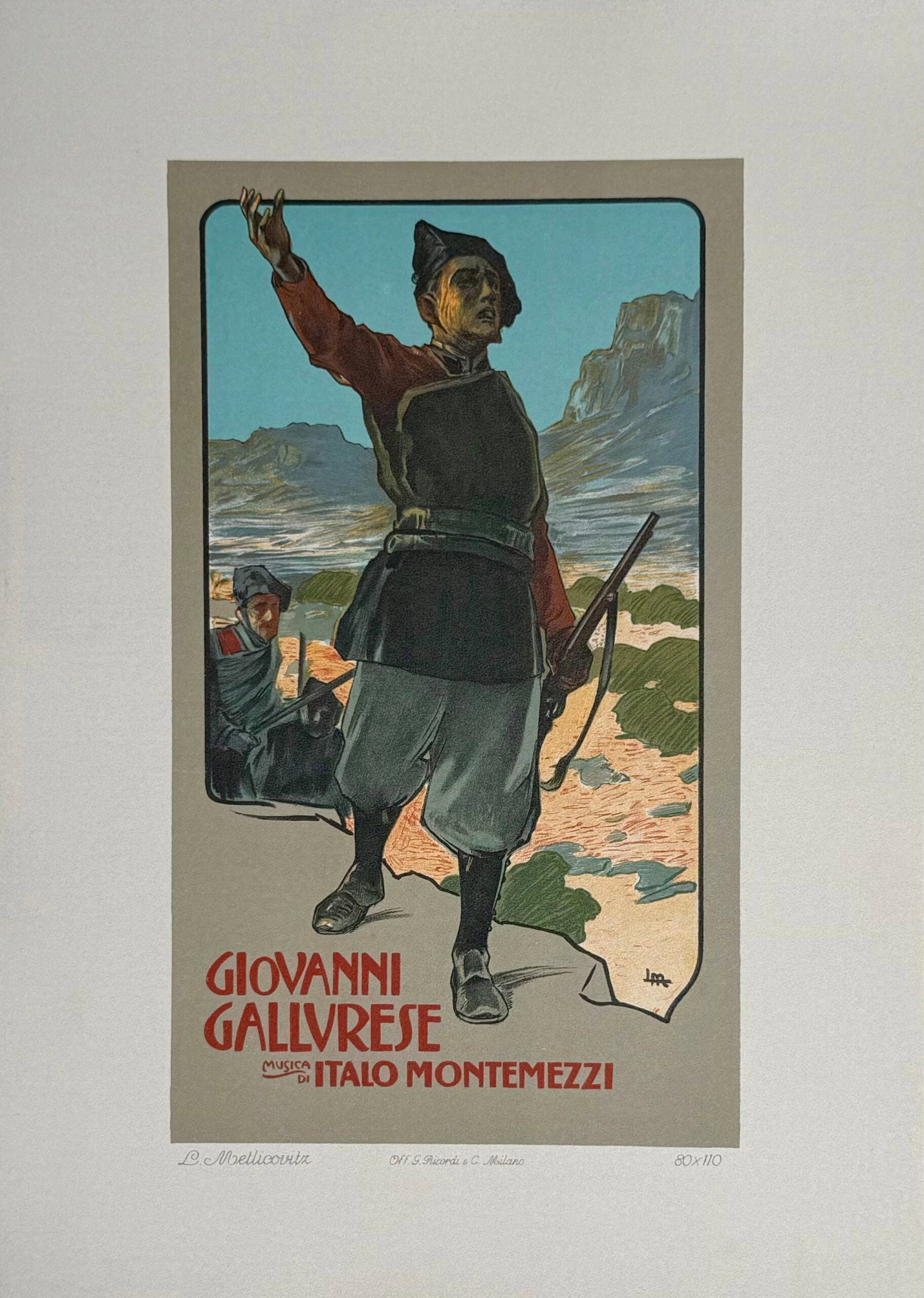 Franz Laskoff - Giovanni Gallvrese, 1914 (Ricordi Poster Portfolio): Franz Laskoff Giovanni Gallvrese, 1914 Lithograph on thick paper. Scarce lithograph from the iconic portfolio Ricordi! Dimensions: +Size of the sheet: 36 x 26 cm / 14.17 × 10.24 in. Printed in 1914 b