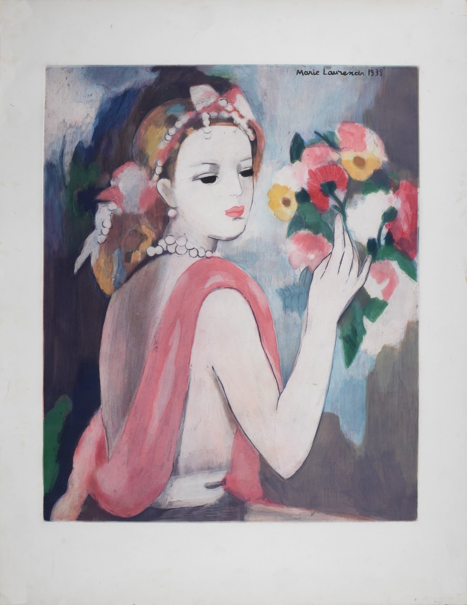 Marie Laurencin (After) : Jeune femme au bouquet, circa 1980: Marie Laurencin (After) Jeune femme au bouquet, circa 1980 Etching in colors on Arches paper. Plate-signed on the top right of the image. With Arches watermark lower right. Dimensions : + Size of the 
