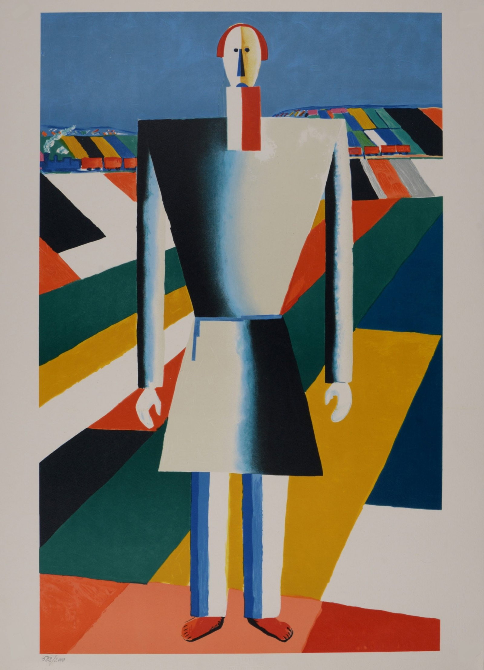 Kasimir Malevich (After) : Paysan dans un champ, circa 1980: Kasimir Malevich (After) Paysan dans un champ, circa 1980 Lithograph in colors on Arches paper, after Malevitch painting from 1929. Numbered /2000 in pencil lower left margin (photo number is provided